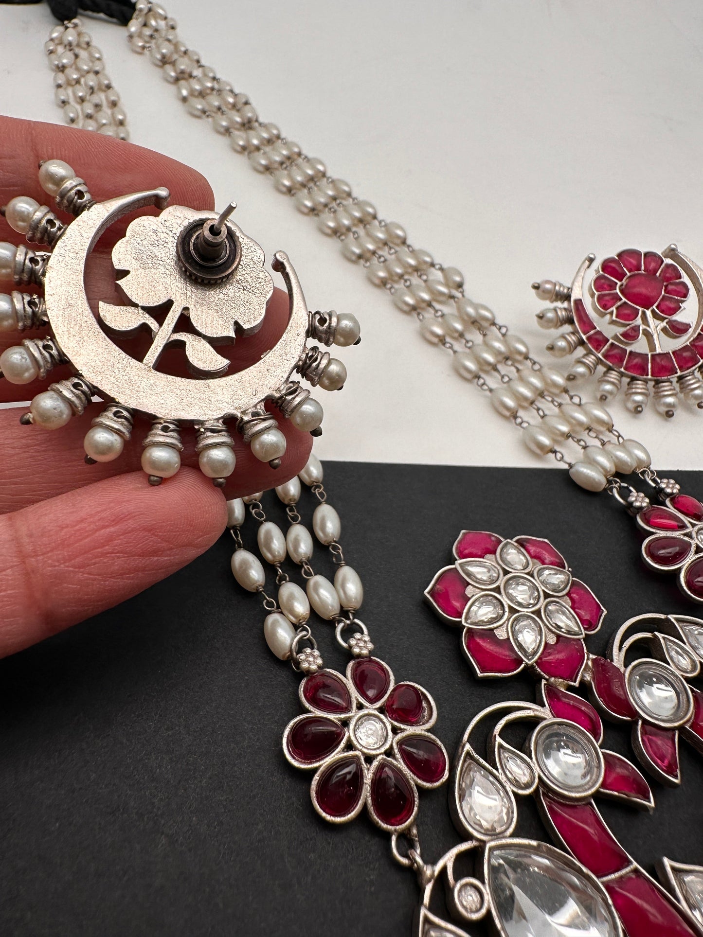 Kundan German Silver Oxidized Silver Replica Peacock Design Red Stone Rice Pearls Rani Haar Necklace Set