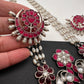 Kundan German Silver Oxidized Silver Replica Peacock Design Red Stone Rice Pearls Rani Haar Necklace Set