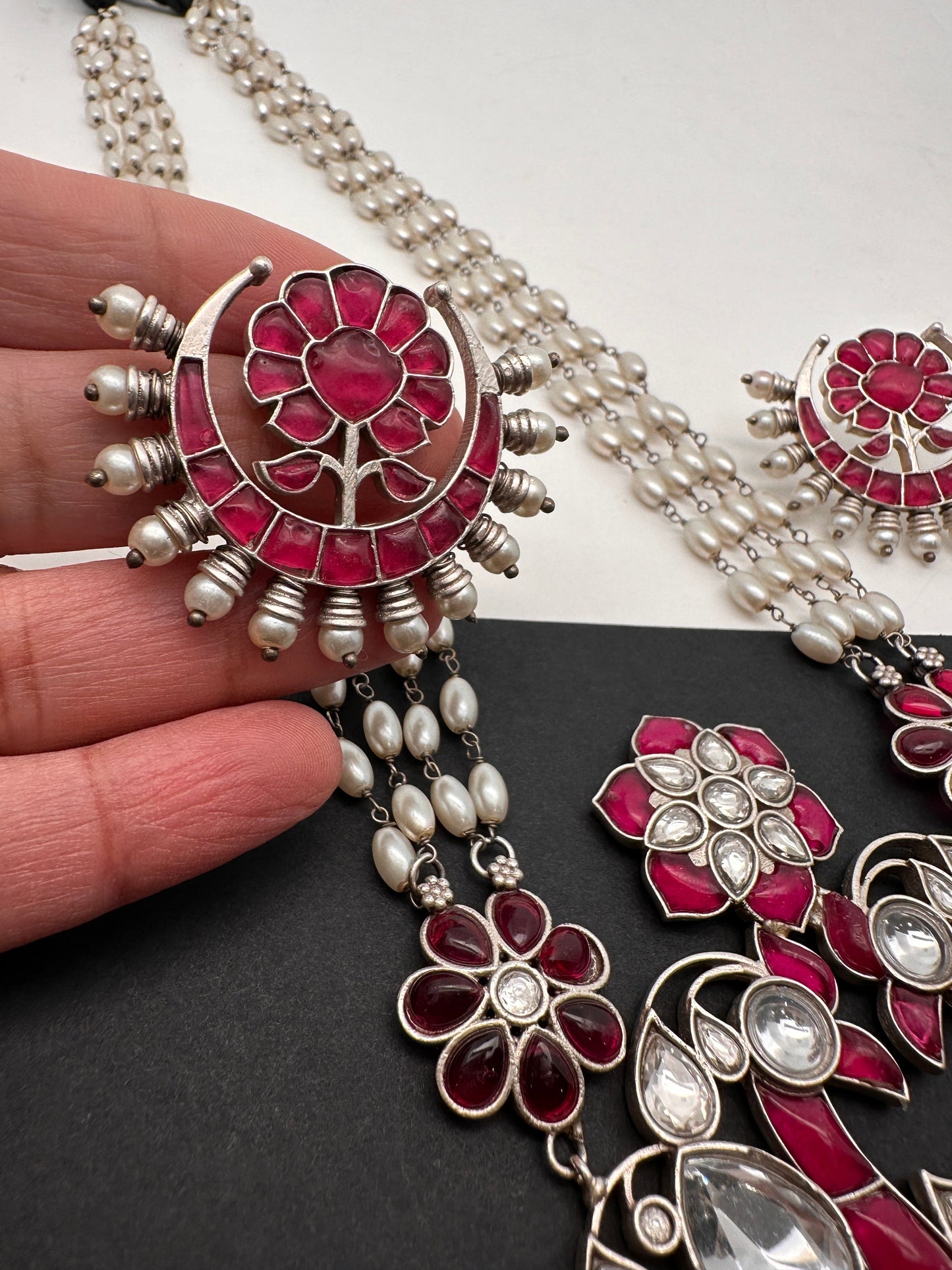 Kundan German Silver Oxidized Silver Replica Peacock Design Red Stone Rice Pearls Rani Haar Necklace Set