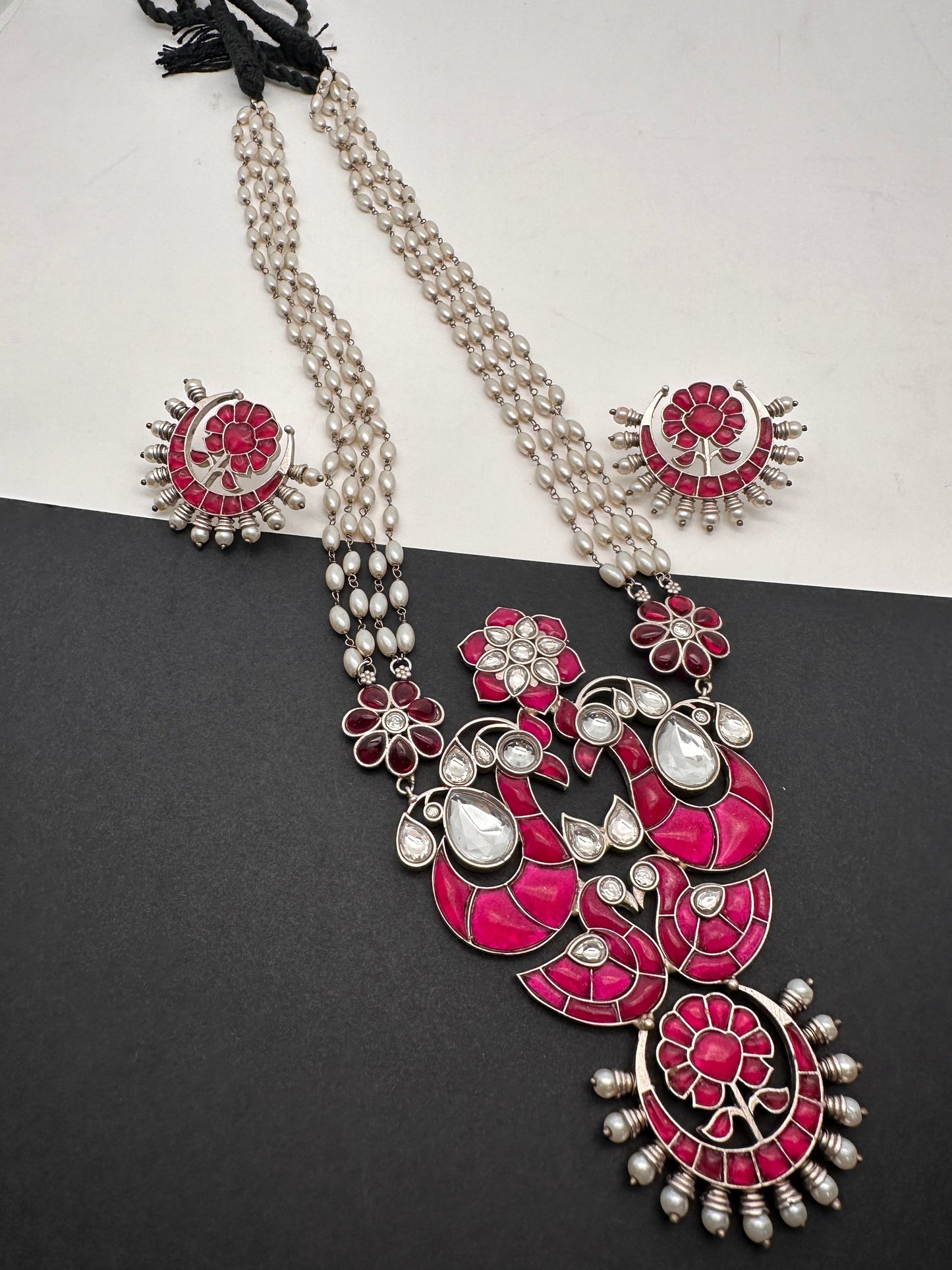 Kundan German Silver Oxidized Silver Replica Peacock Design Red Stone Rice Pearls Rani Haar Necklace Set