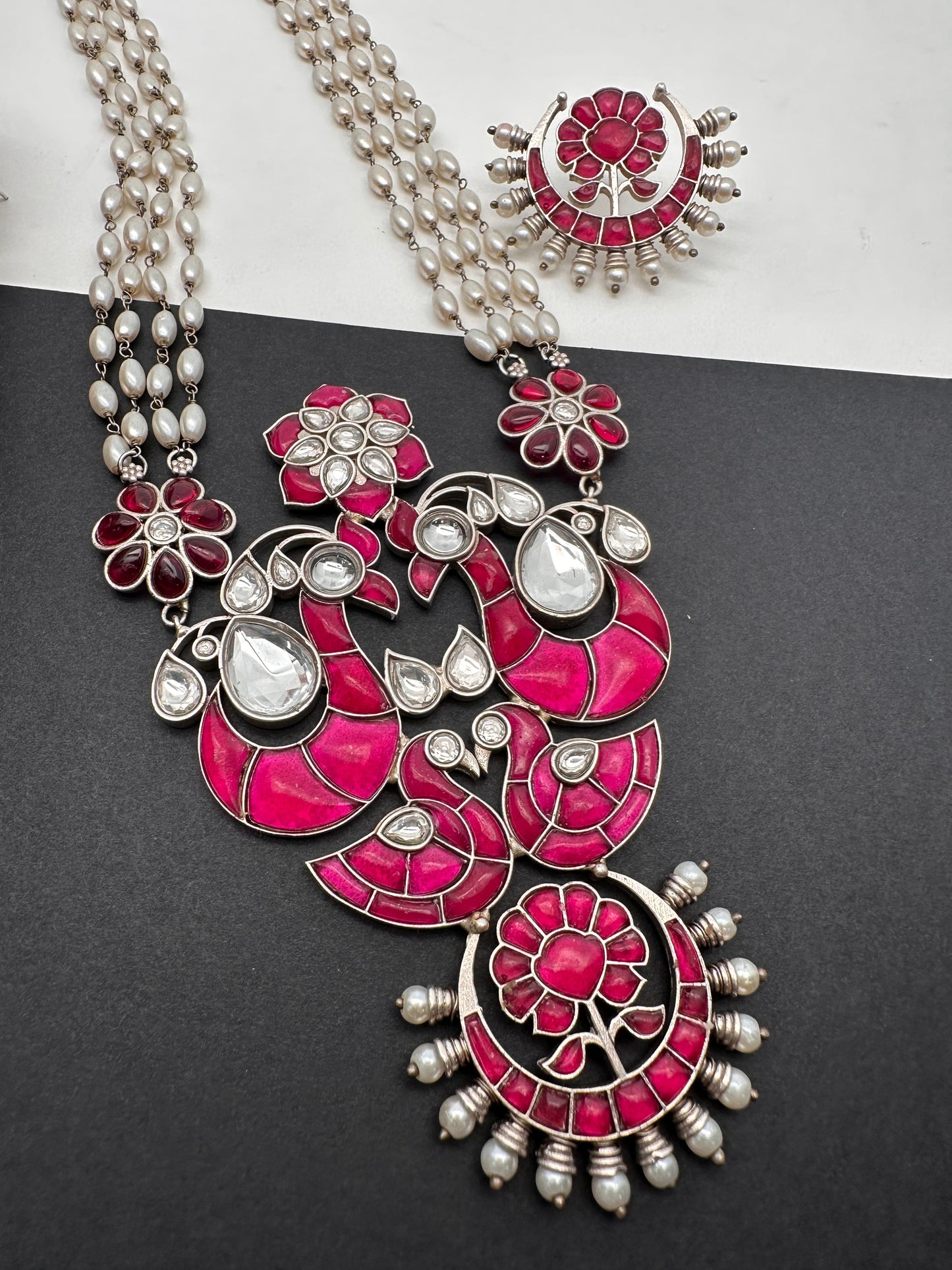 Kundan German Silver Oxidized Silver Replica Peacock Design Red Stone Rice Pearls Rani Haar Necklace Set