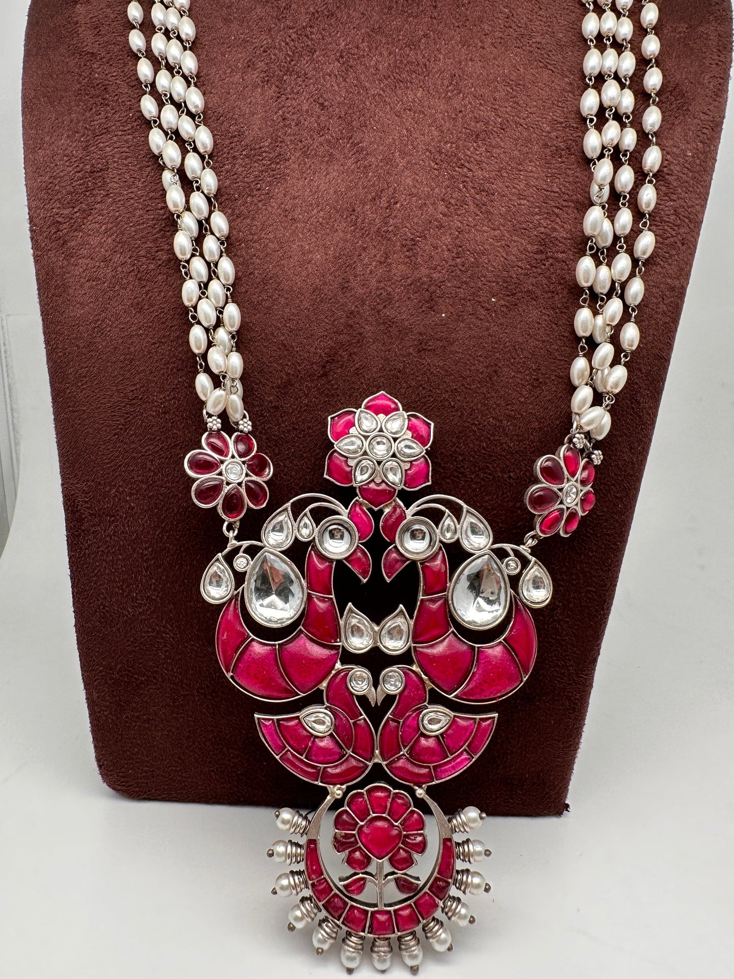 Kundan German Silver Oxidized Silver Replica Peacock Design Red Stone Rice Pearls Rani Haar Necklace Set