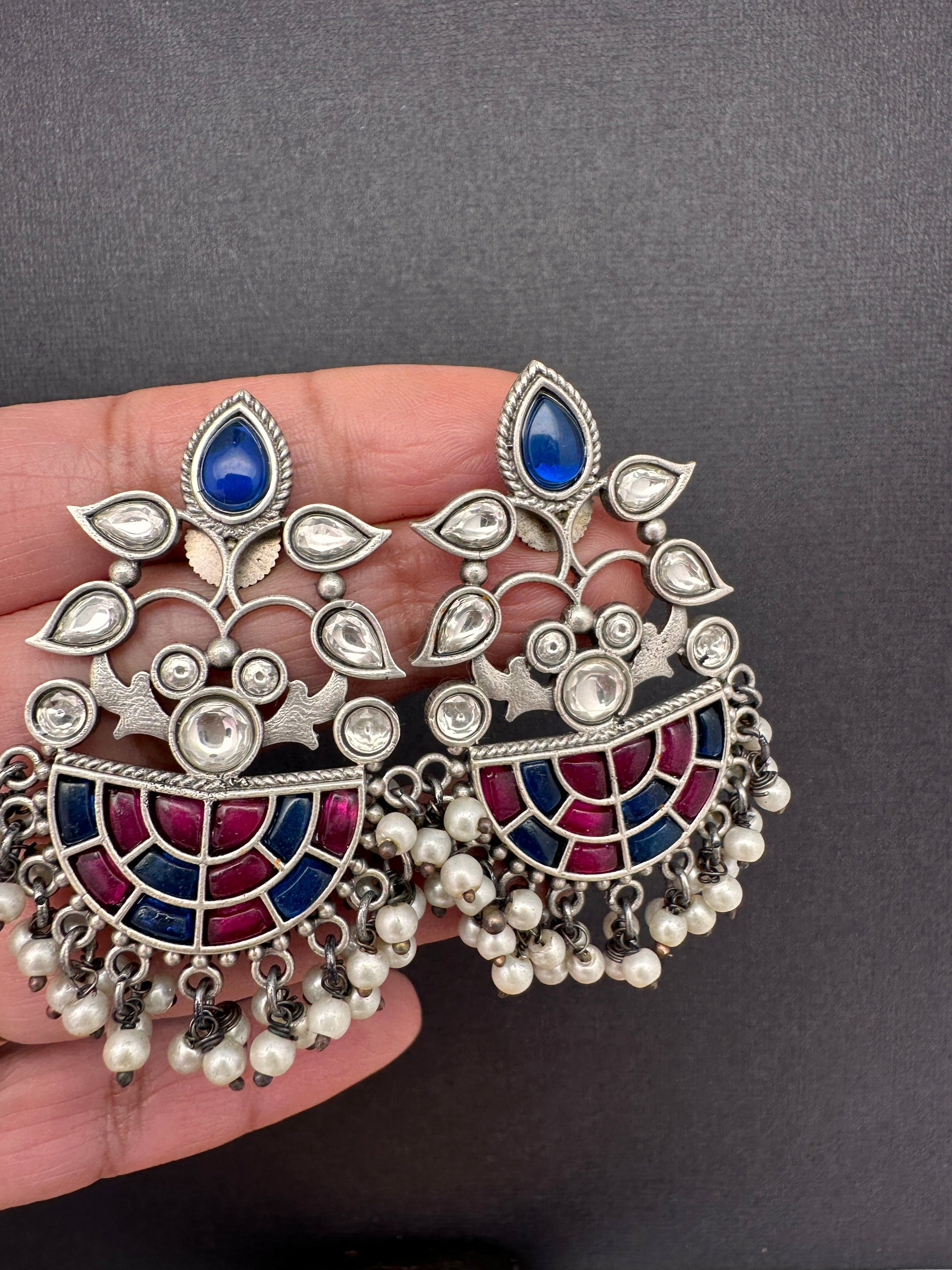 Kundan Color Stone German Silver Oxidized Earrings - Blue