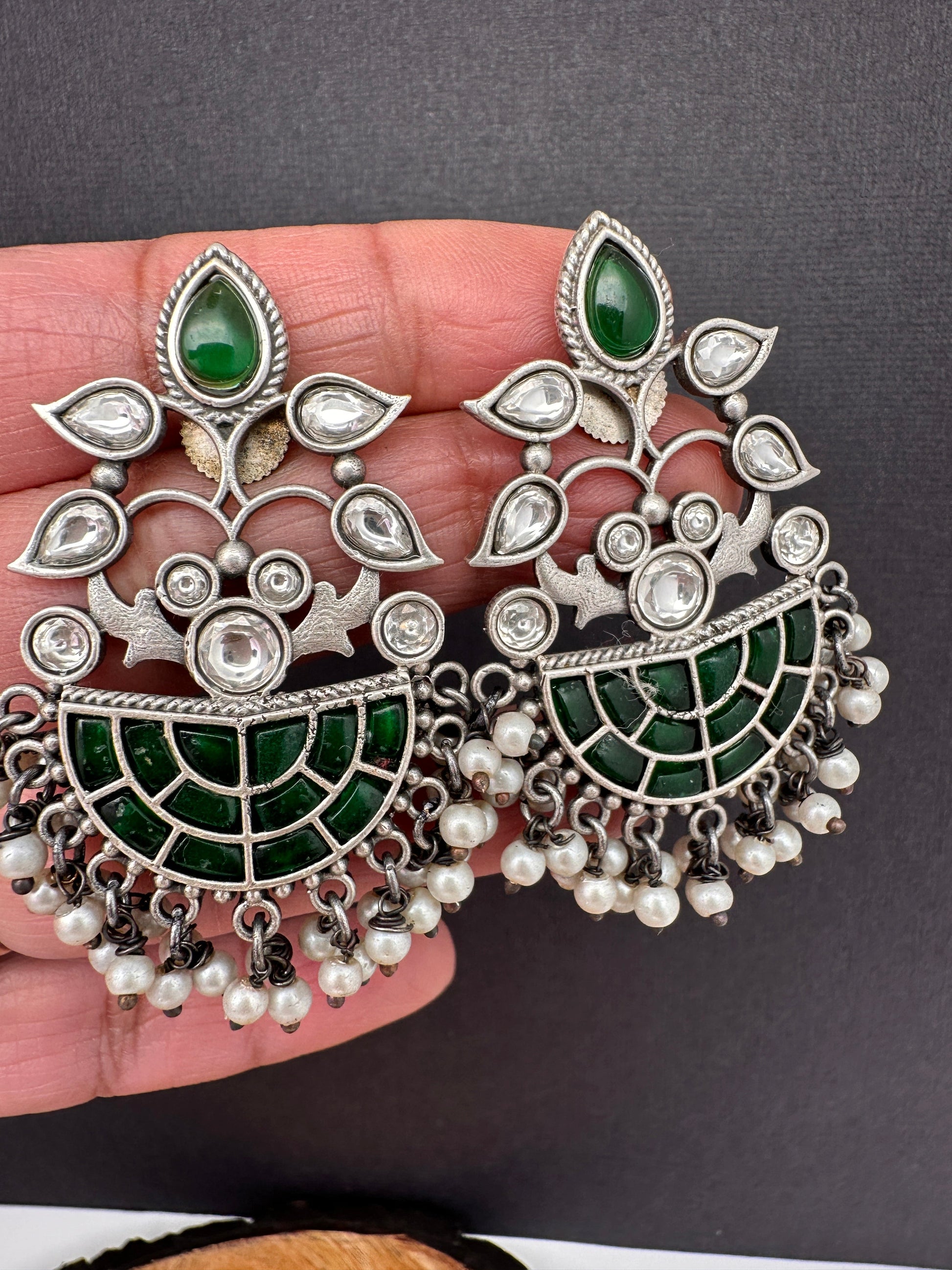 Kundan Color Stone German Silver Oxidized Earrings - Green