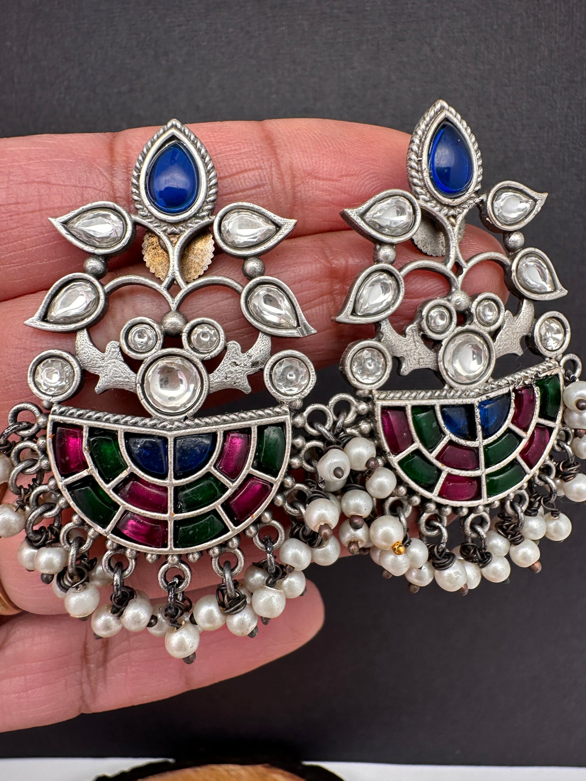 Kundan Color Stone German Silver Oxidized Earrings - Pink