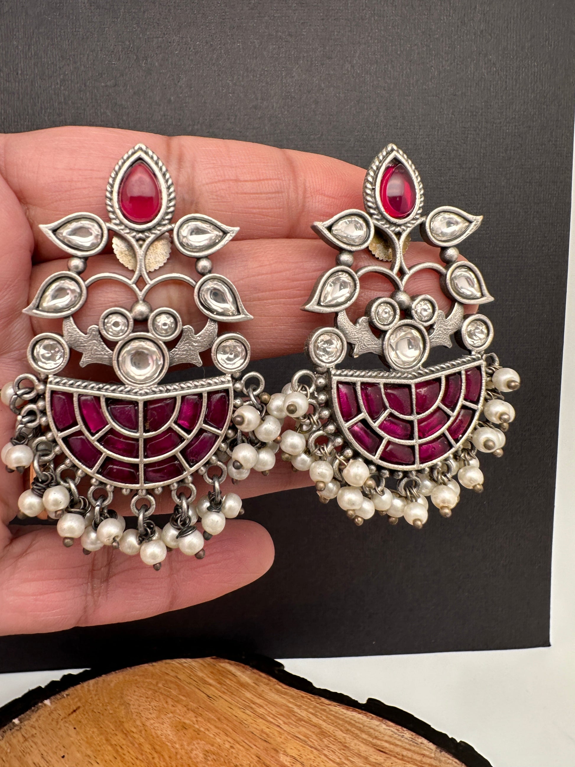 Kundan Color Stone German Silver Oxidized Earrings - Red