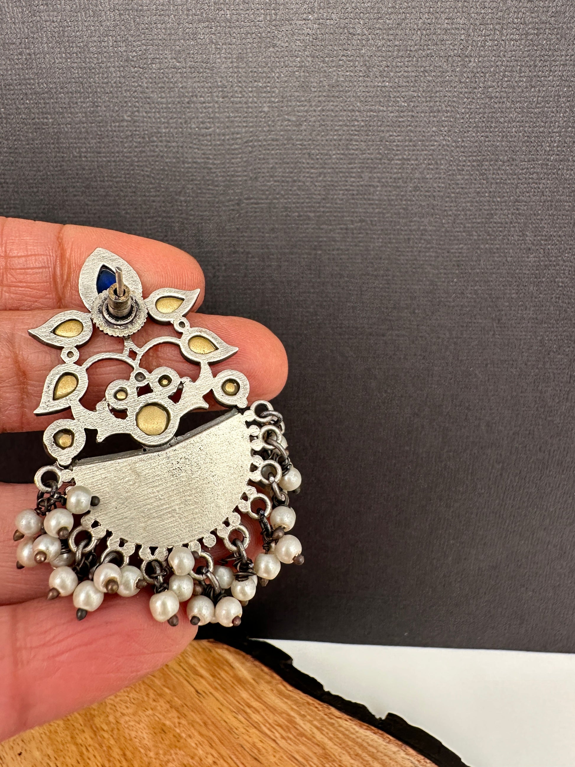 Kundan Color Stone German Silver Oxidized Earrings - Red