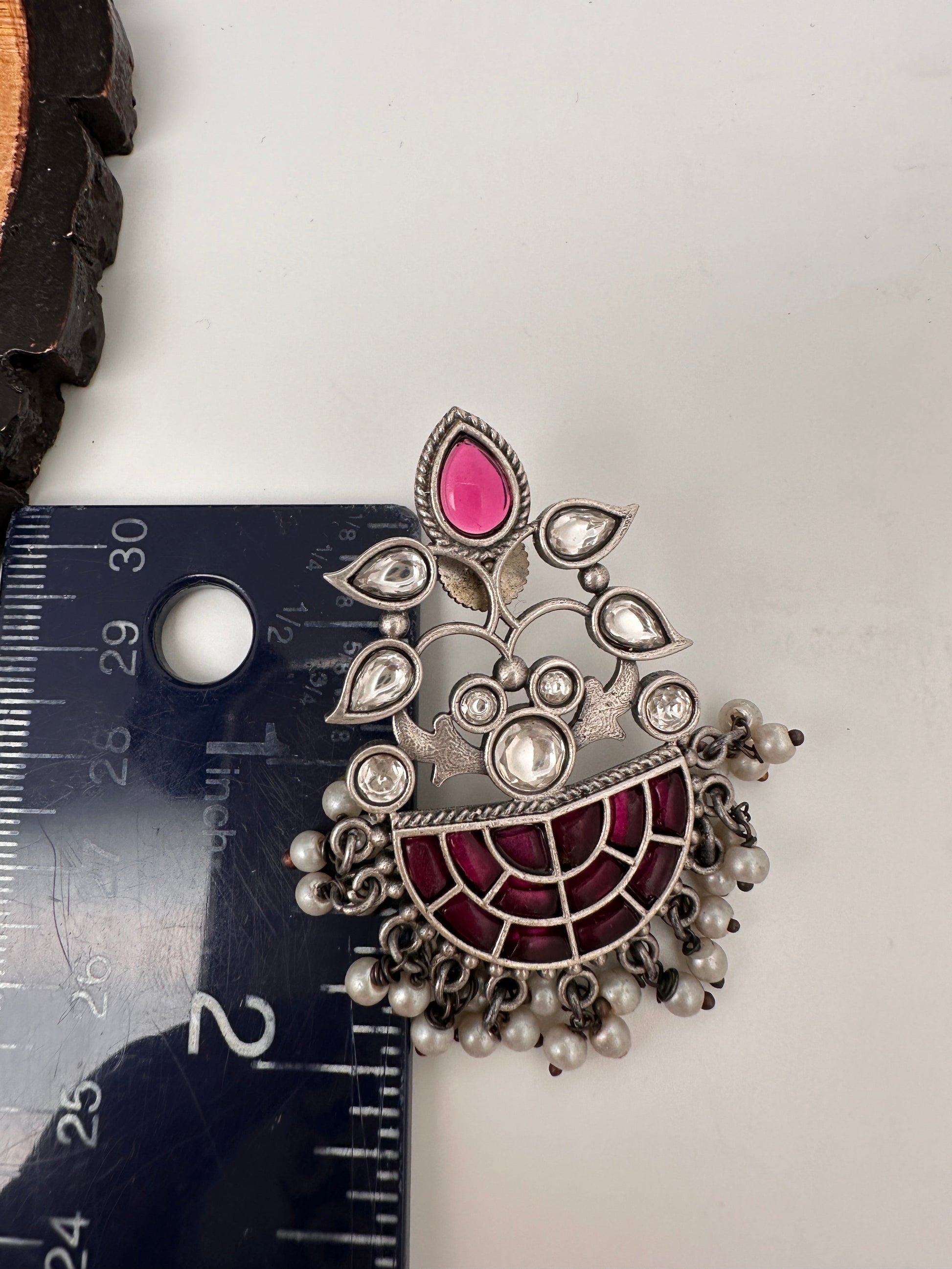 Kundan Color Stone German Silver Oxidized Earrings - Red