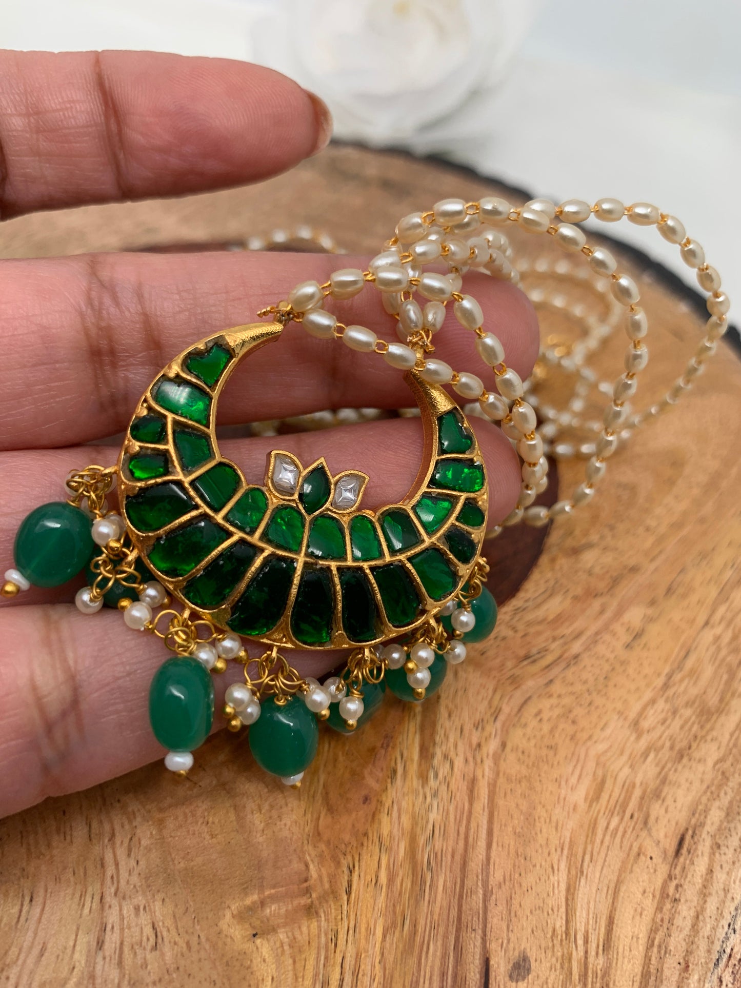 Jadau Kundan Green Chand Pendent with Rice Pearls Short Necklace