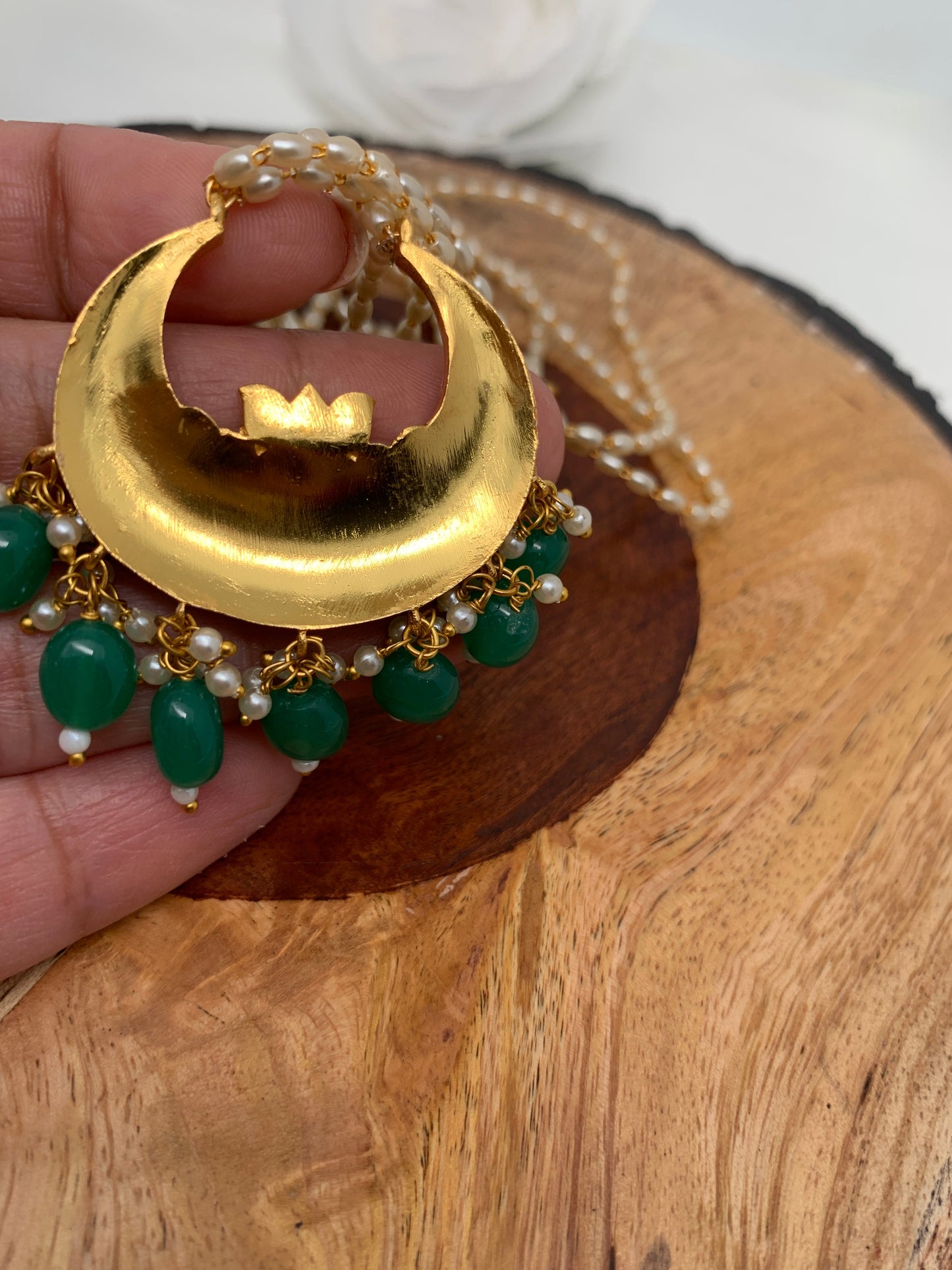 Jadau Kundan Green Chand Pendent with Rice Pearls Short Necklace