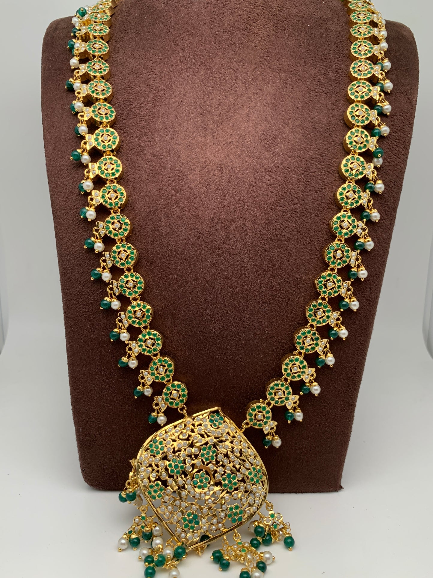 Hyderabadi Jadau Green Stone Green Beads and Pearls Long Necklace