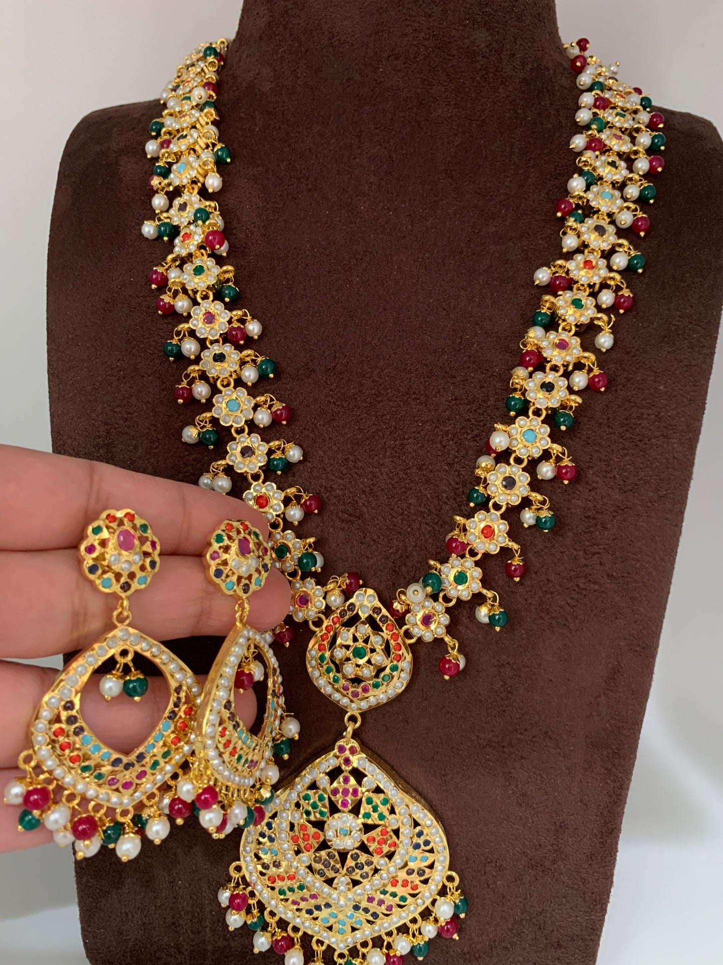 Hyderabadi Jadau Navratan Stone Multi Color Beads and Pearls Long Necklace