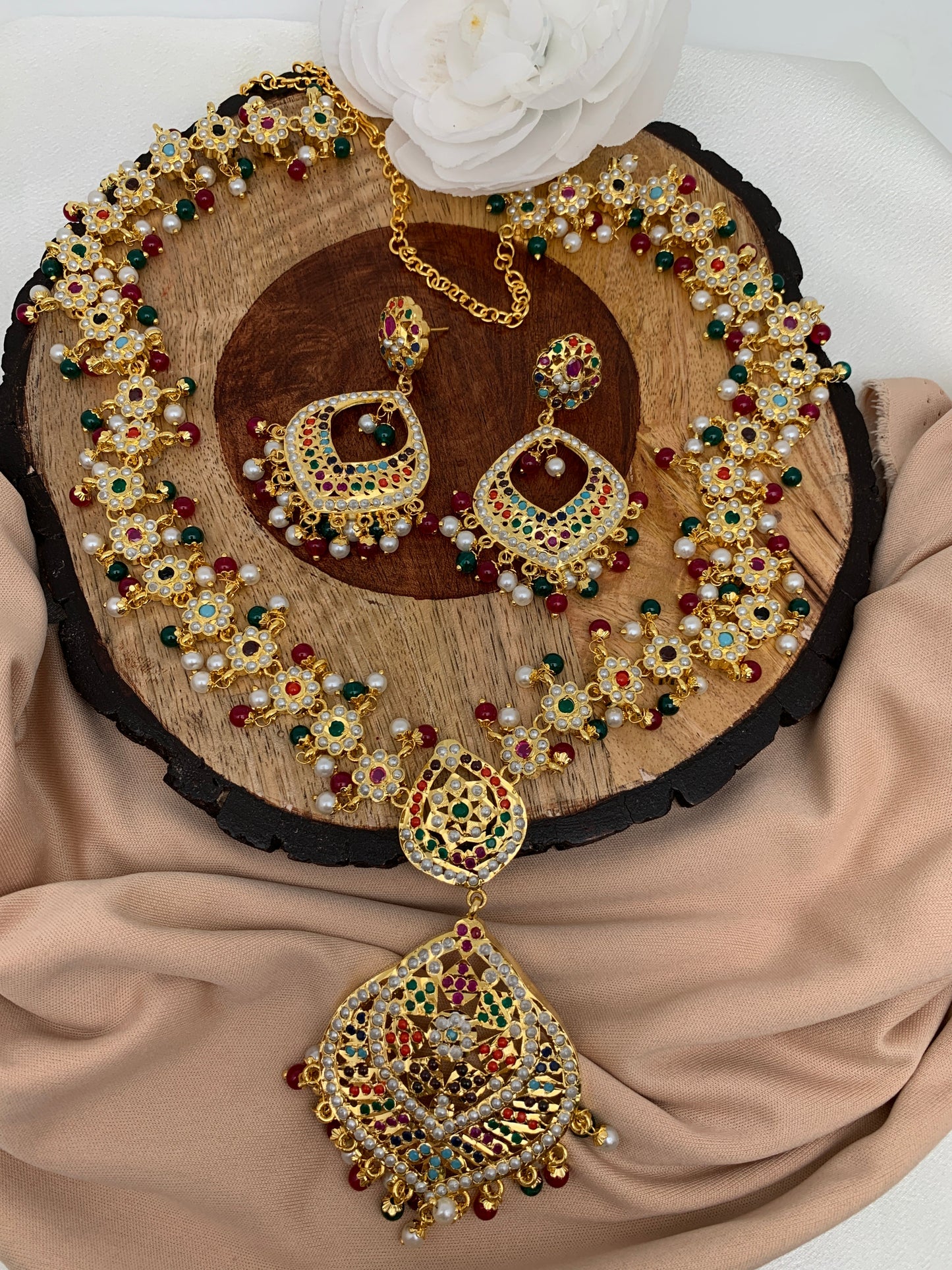 Hyderabadi Jadau Navratan Stone Multi Color Beads and Pearls Long Necklace
