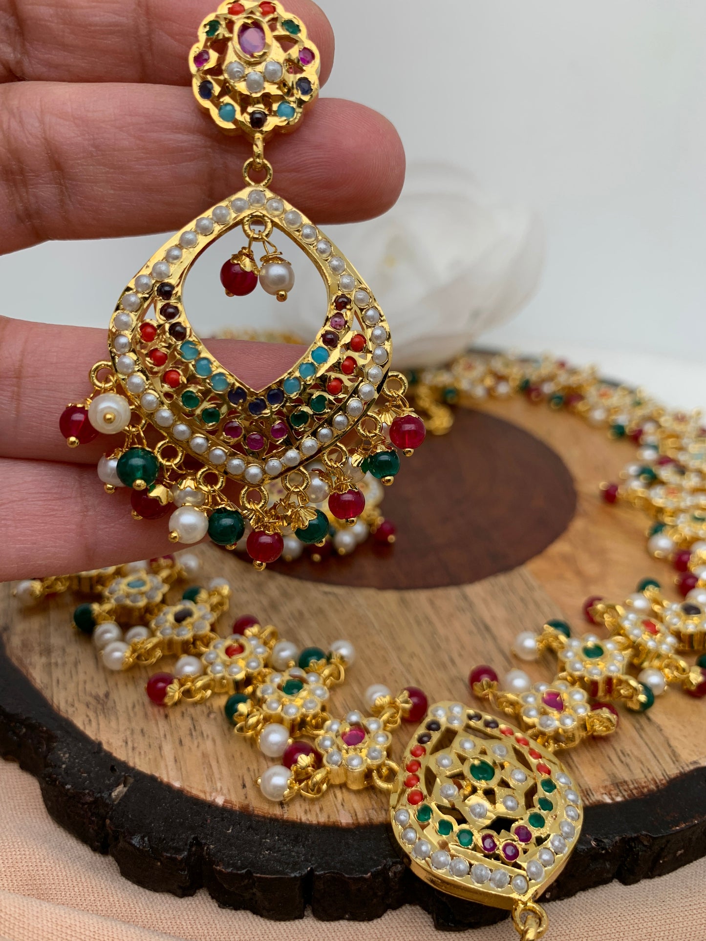 Hyderabadi Jadau Navratan Stone Multi Color Beads and Pearls Long Necklace