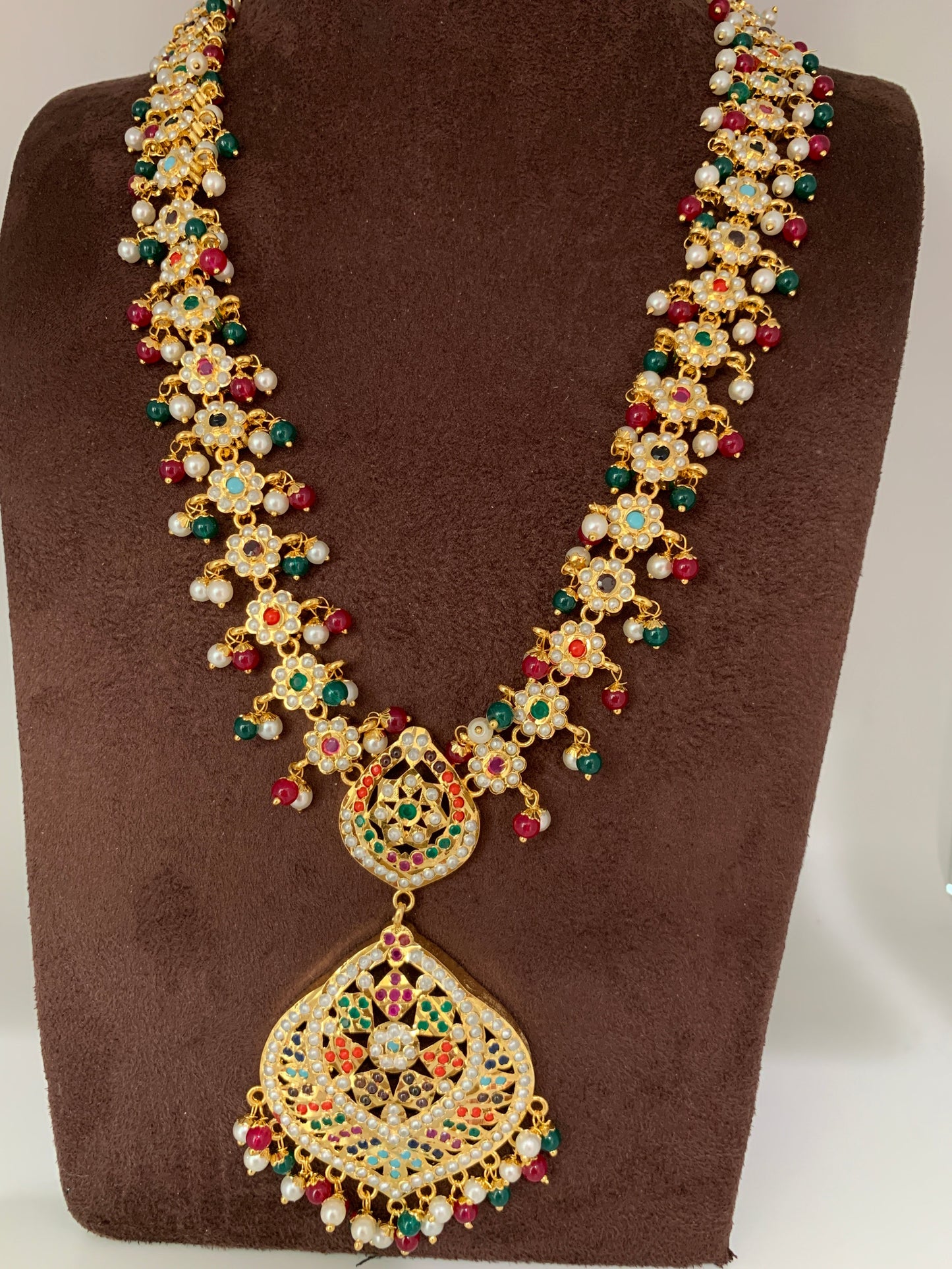 Hyderabadi Jadau Navratan Stone Multi Color Beads and Pearls Long Necklace