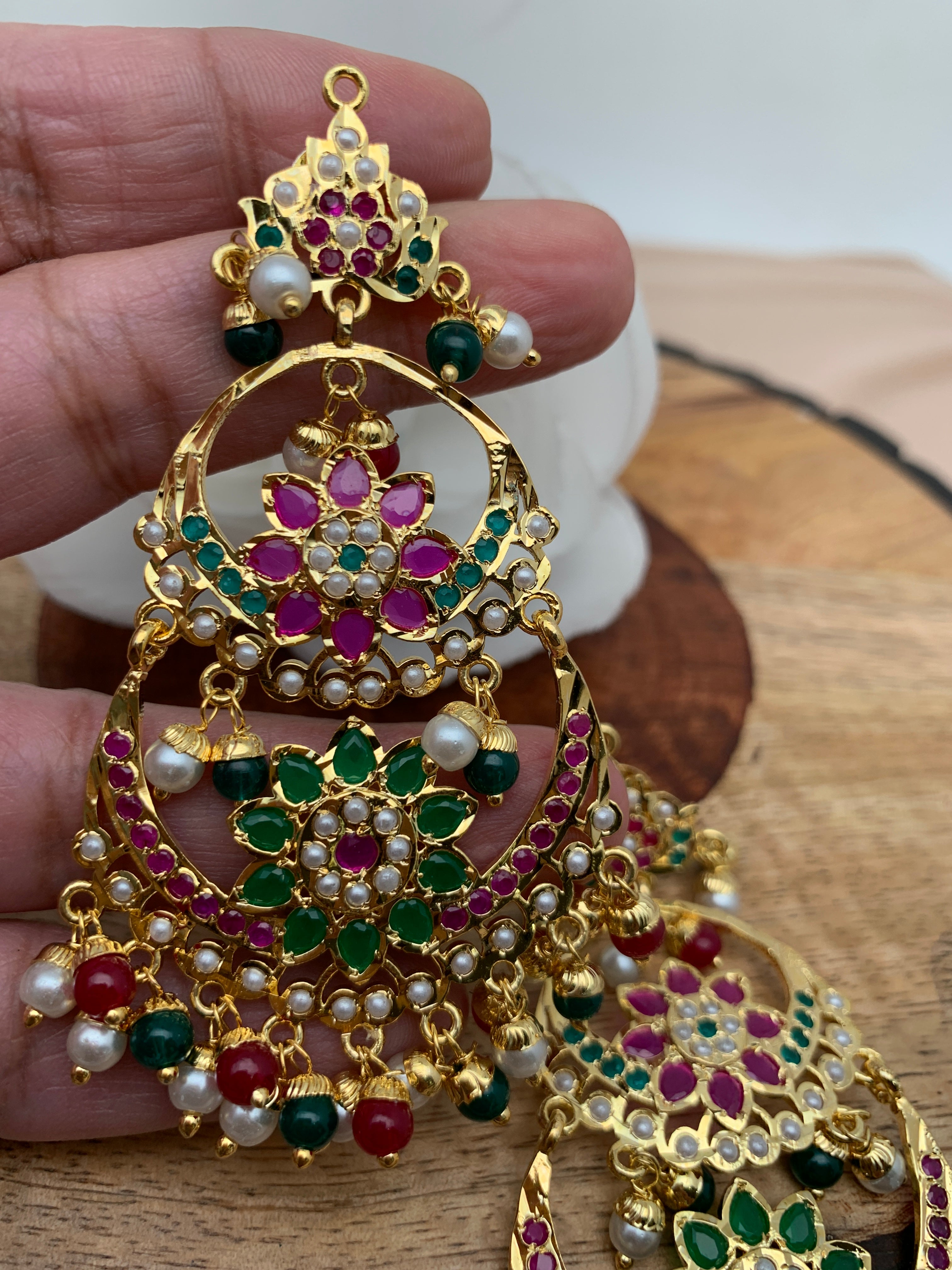 23k Gold and Diamond Polki Chand Bali Earring Pair enhanced with Rubies and  Antiqued Hyderabadi Pearls [Video] [Video] | Chandbali earrings, Earring  pair, Earrings