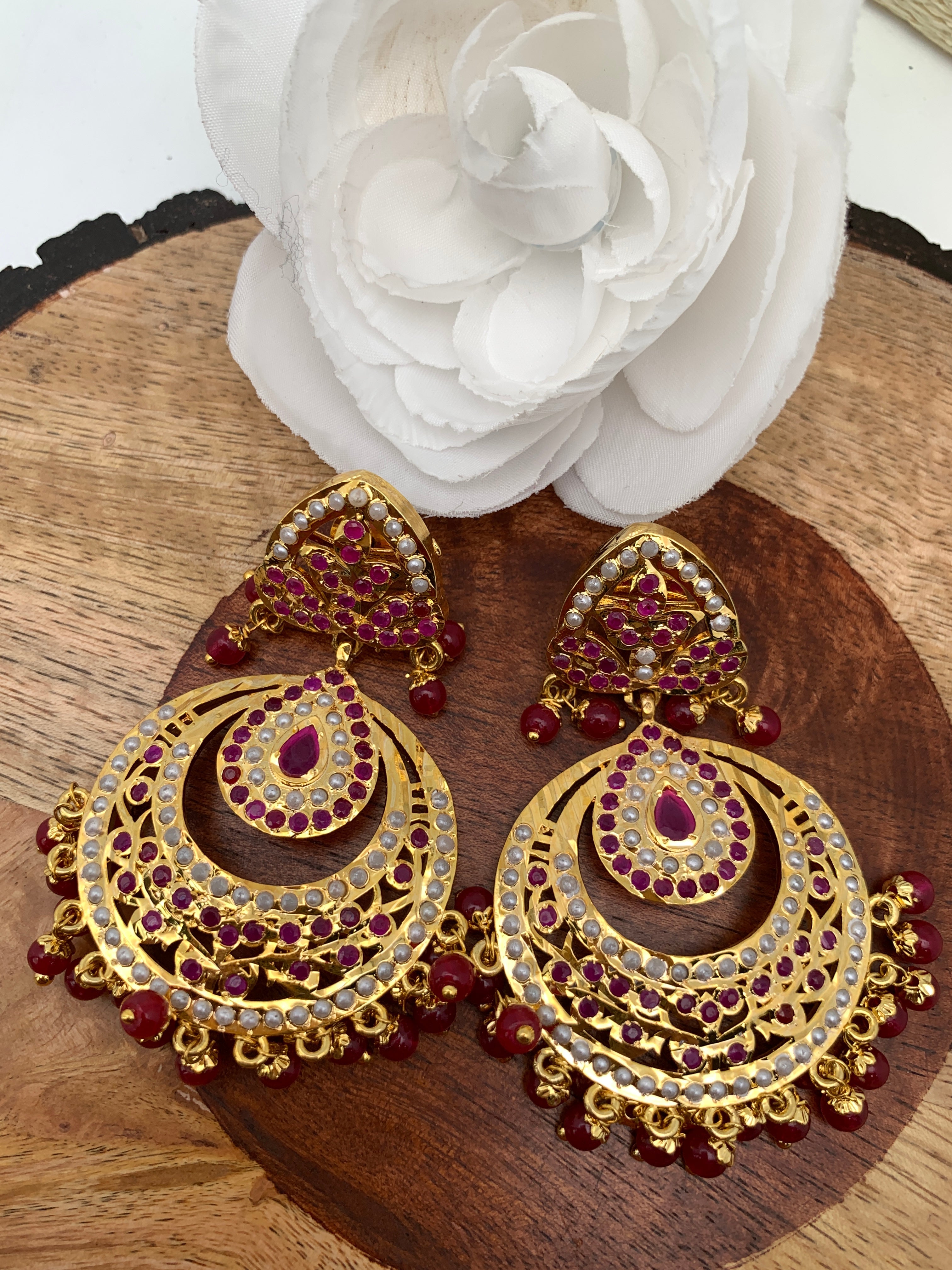 Hyderabadi Jadau Pearls Red Stone Chandbali Earrings Sheetal s FabFashion