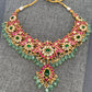 Red Jadau Kundan Emerald Green Stone Emerald Beads Neckline Necklace