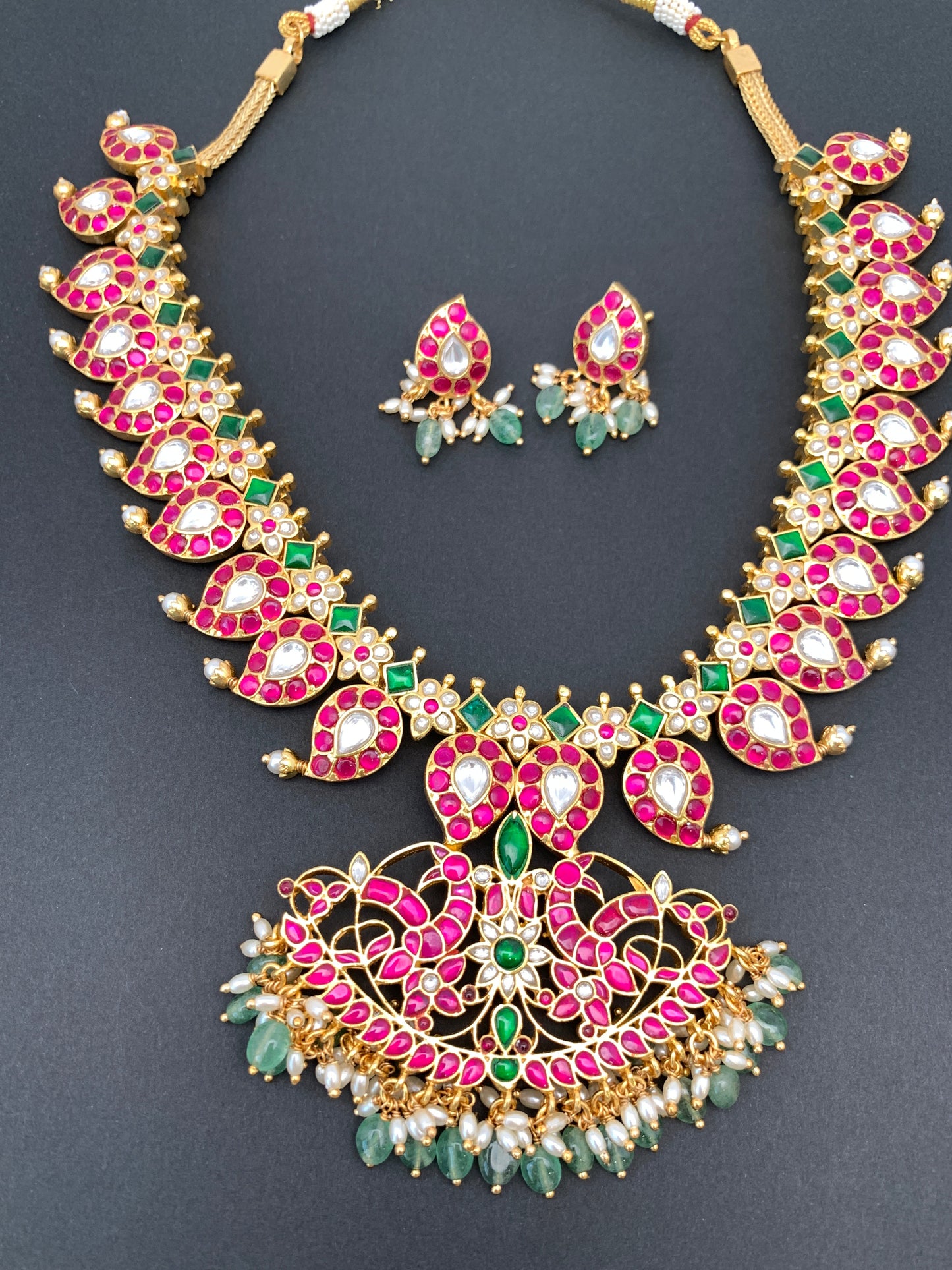 Red Green Jadau Kundan Mango Emerald Beads Mala