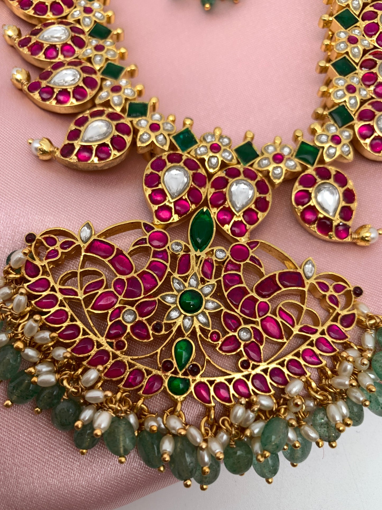Red Green Jadau Kundan Mango Emerald Beads Mala