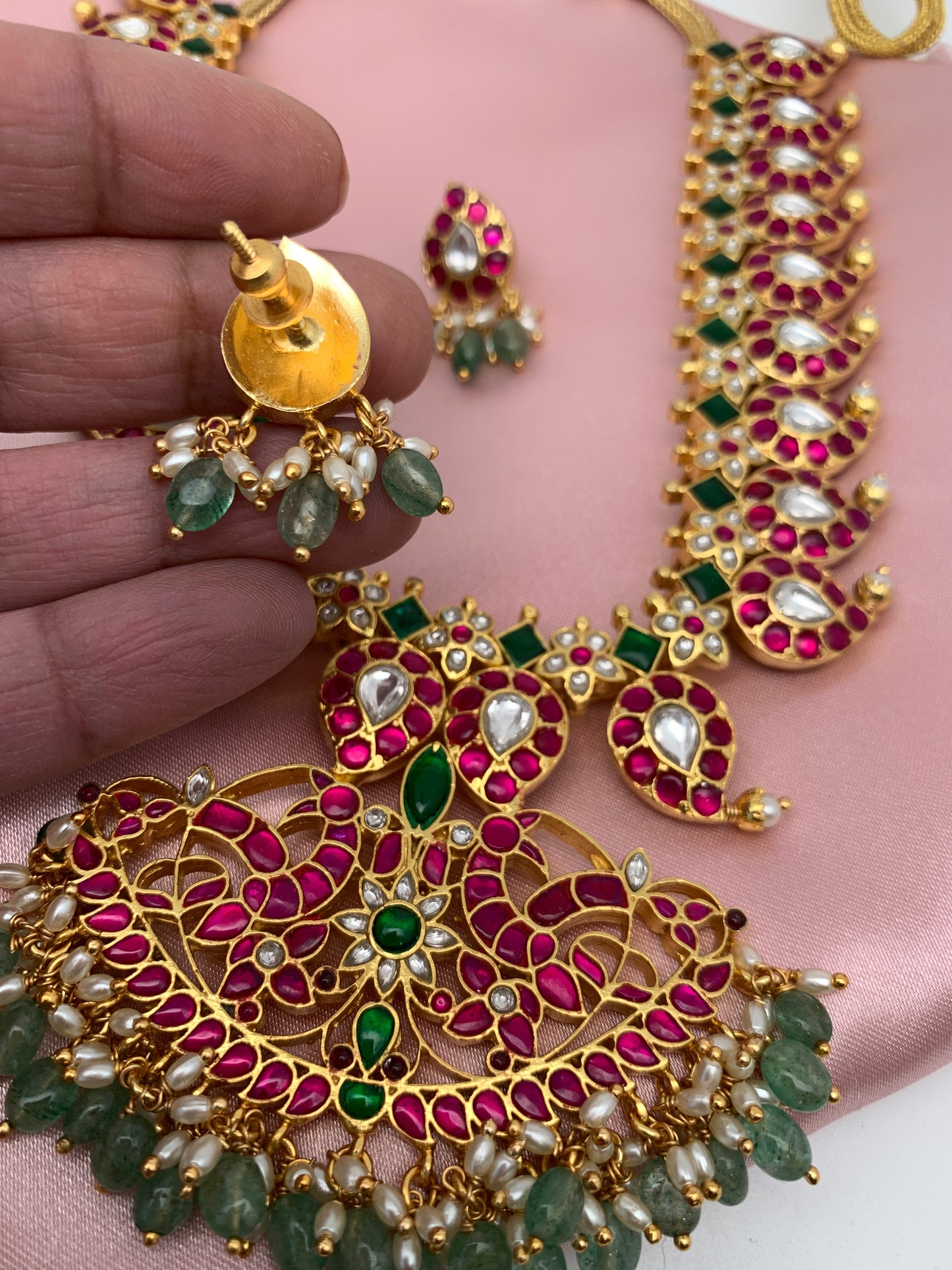 Red Green Jadau Kundan Mango Emerald Beads Mala