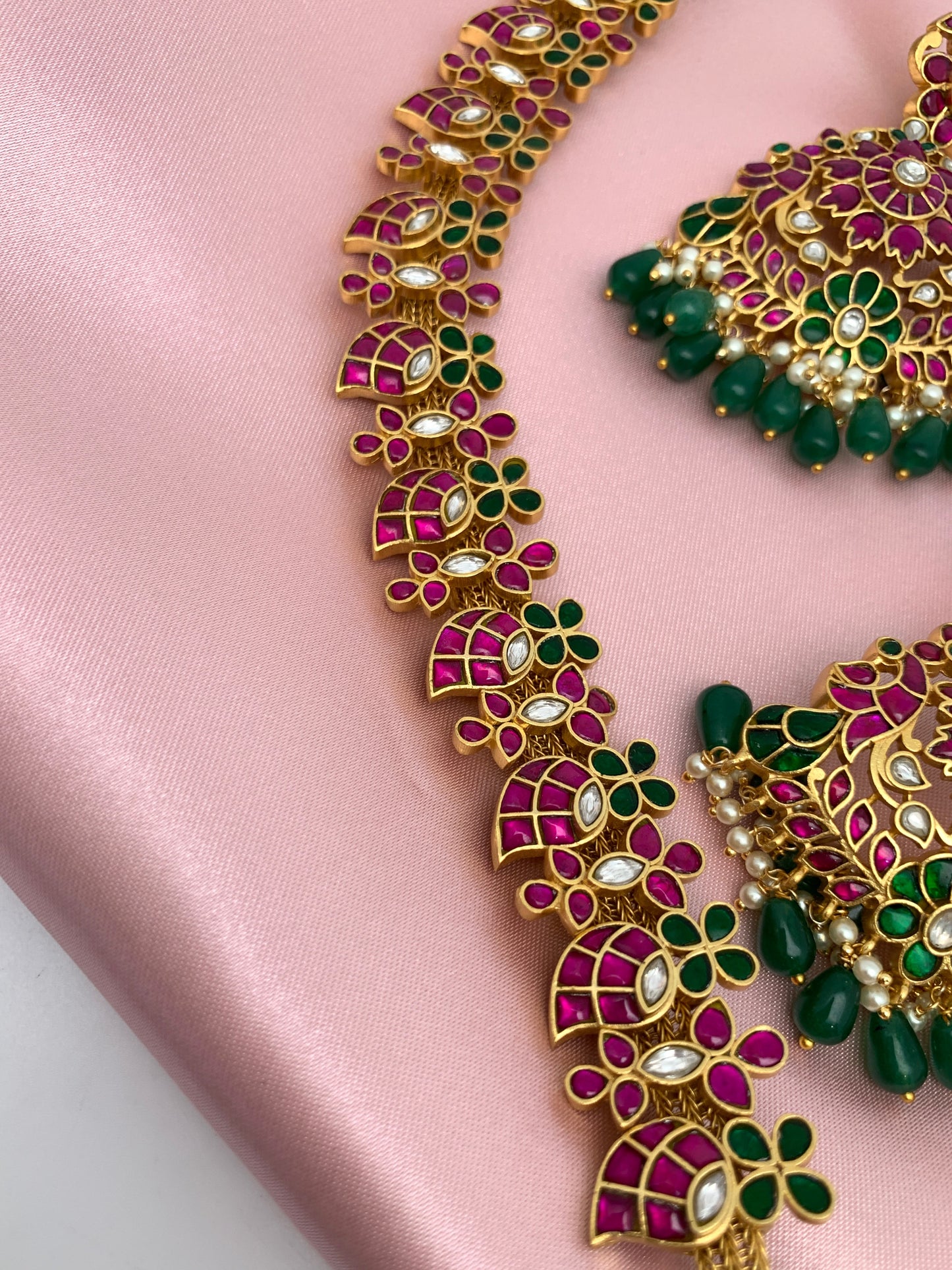 Red Green Jadau Kundan Mango Design Long Mala