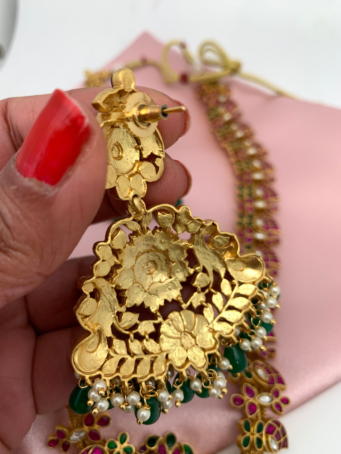 Red Green Jadau Kundan Mango Design Long Mala