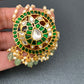 Green Jadau Kundan Emerald Beads Pendent with Rice Pearls Mala