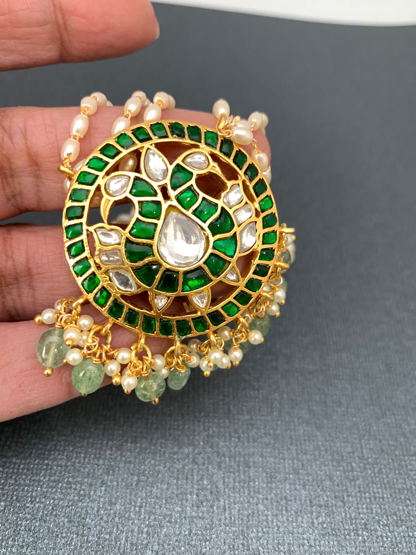 Green Jadau Kundan Emerald Beads Pendent with Rice Pearls Mala