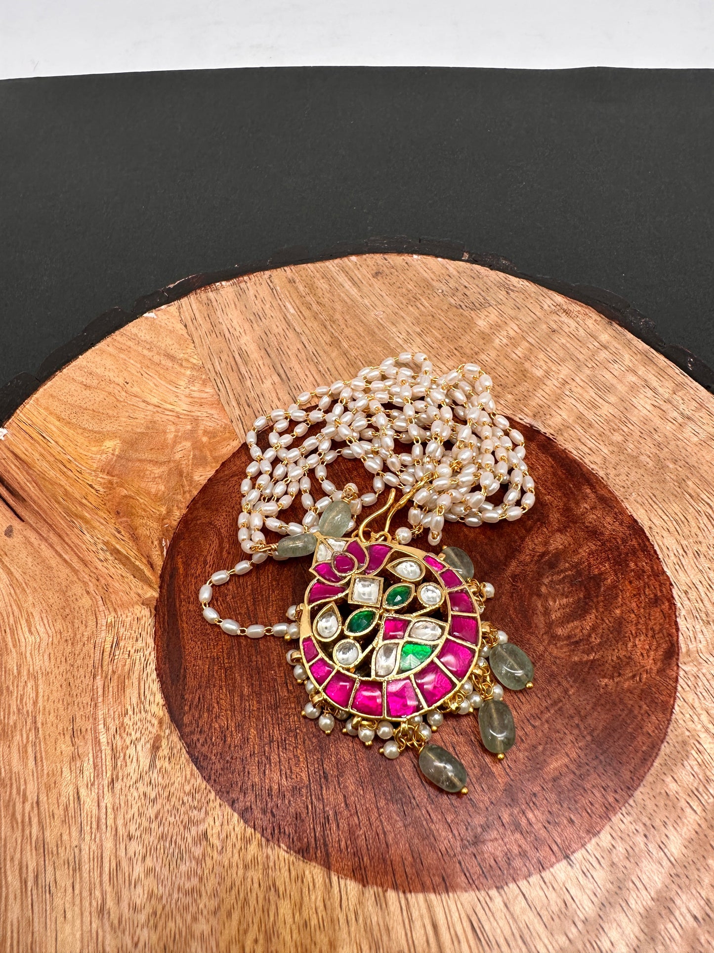 Red Green Jadau Kundan Rice Pearls Necklace