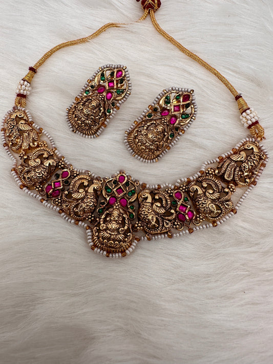 Goddess Lakshmi Nakshi Red Green Jadau Kundan Neckline Necklace