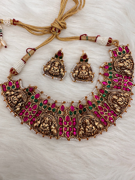 Goddess Lakshmi Nakshi Pink Jadau Kundan Neckline Necklace