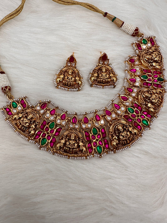 Goddess Lakshmi Nakshu Pink Jadau Kundan Neckline Necklace
