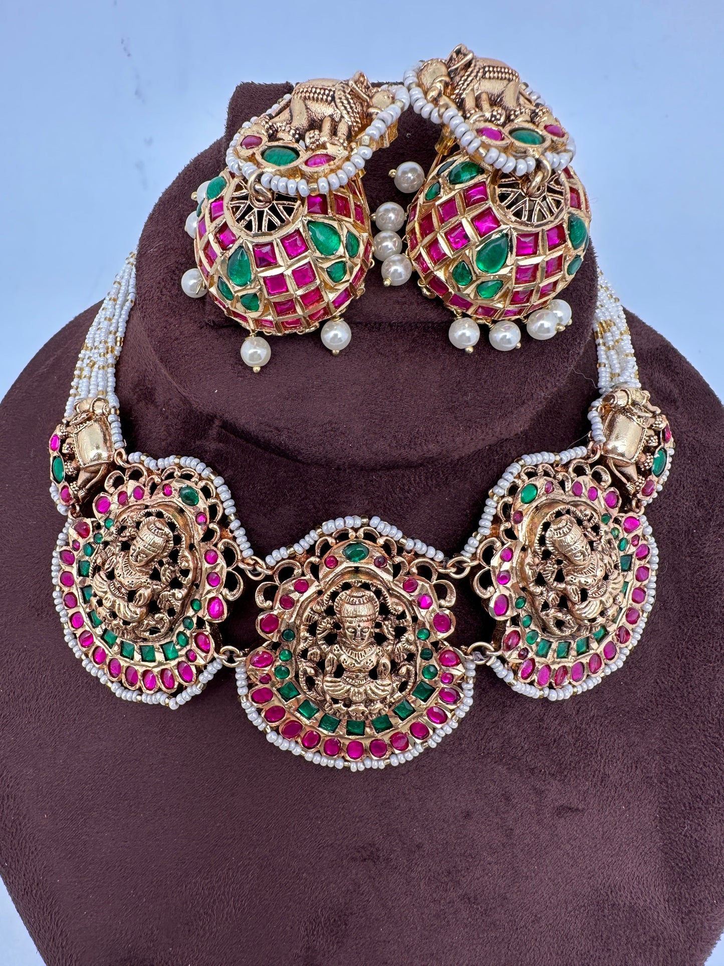 Goddess Lakshmi Nakshi Pink Green Jadau Kundan Neckline Necklace