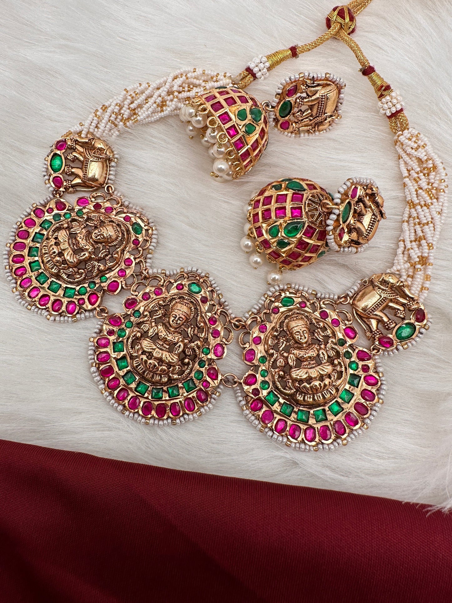 Goddess Lakshmi Nakshi Pink Green Jadau Kundan Neckline Necklace