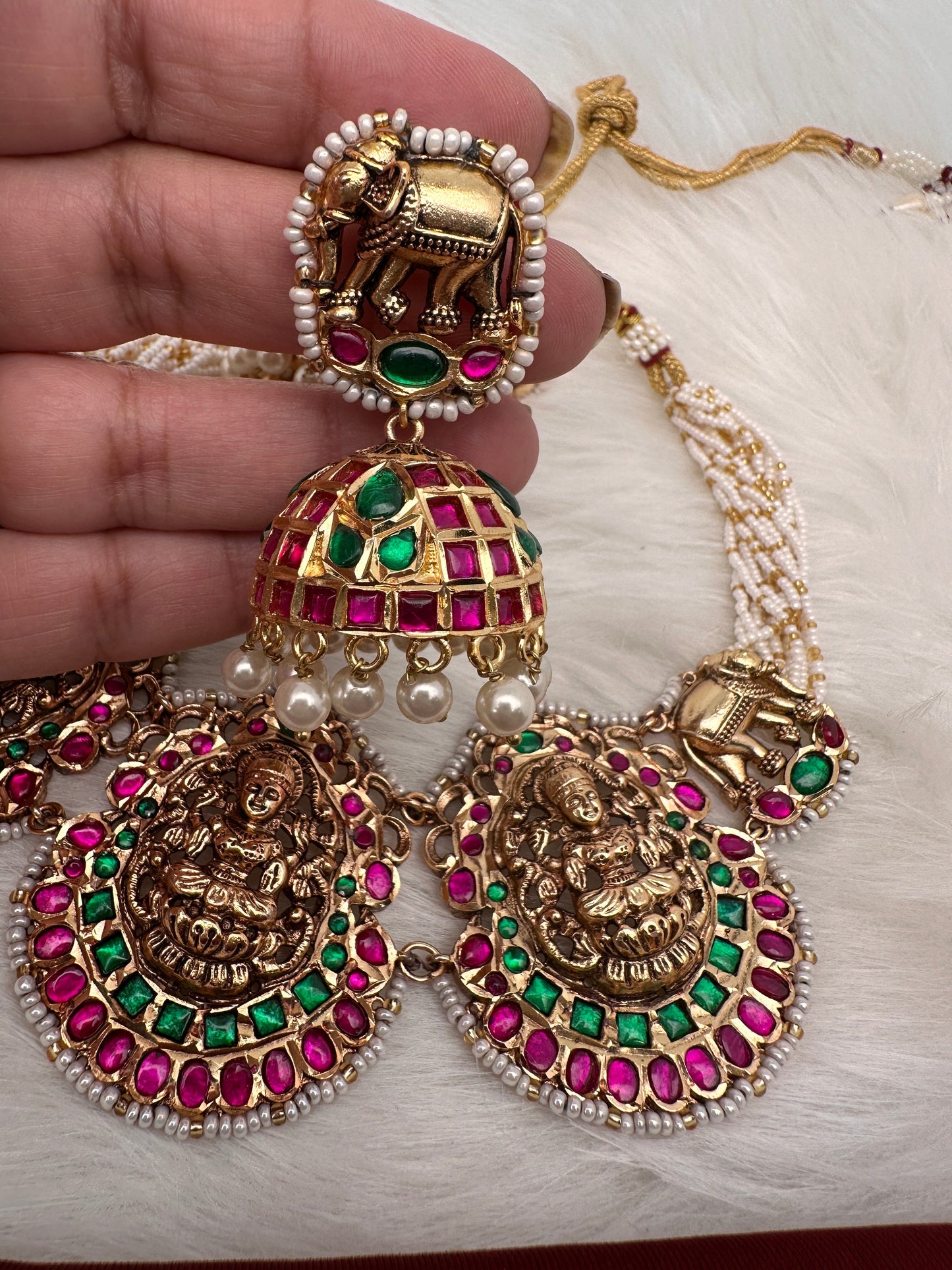 Goddess Lakshmi Nakshi Pink Green Jadau Kundan Neckline Necklace