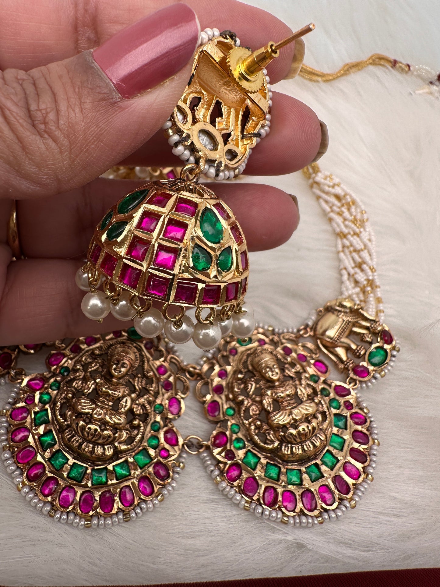 Goddess Lakshmi Nakshi Pink Green Jadau Kundan Neckline Necklace