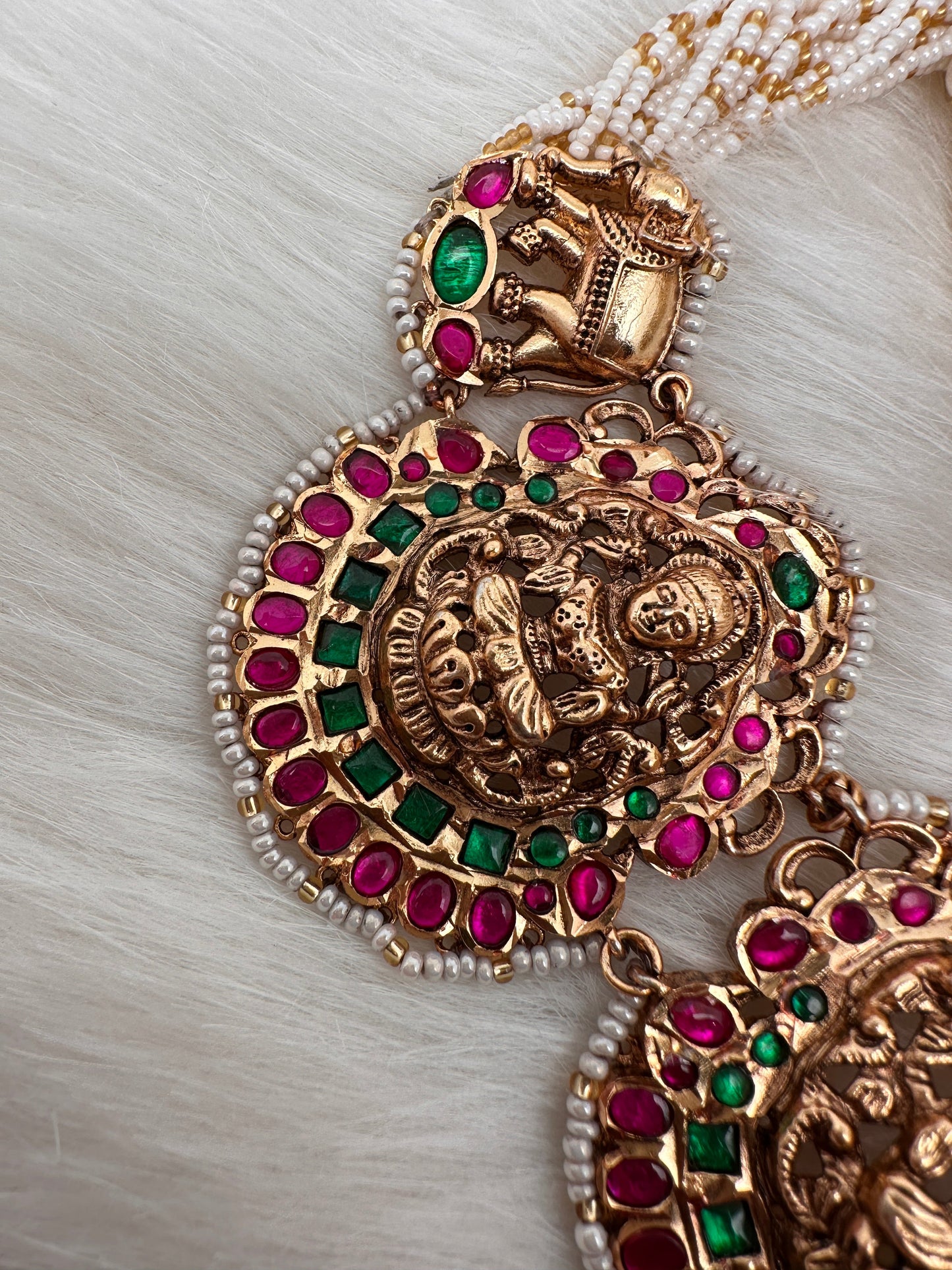 Goddess Lakshmi Nakshi Pink Green Jadau Kundan Neckline Necklace