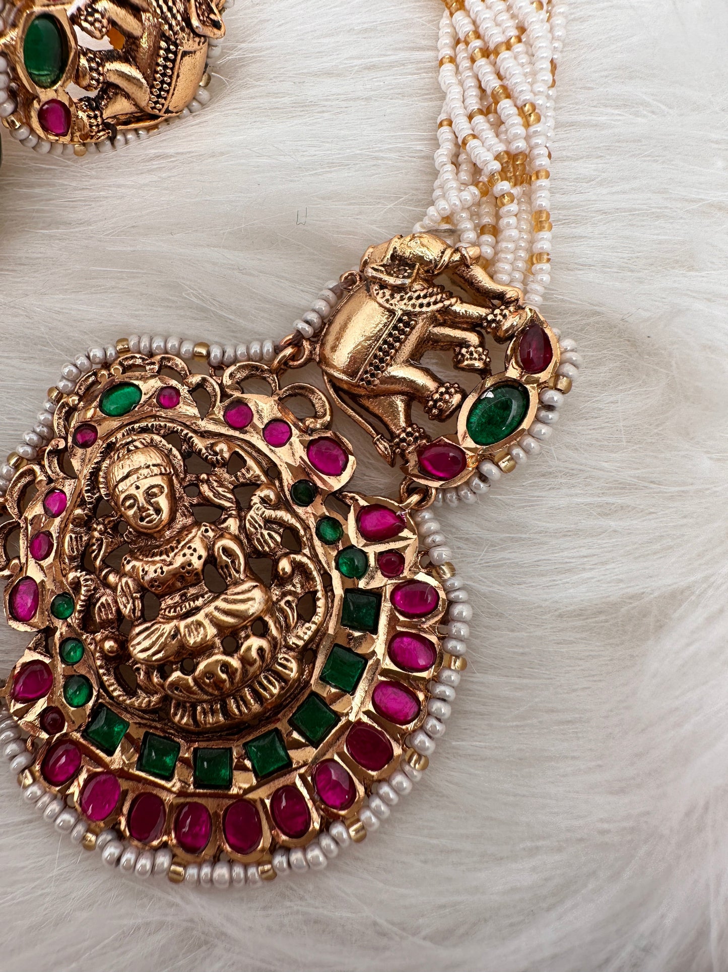 Goddess Lakshmi Nakshi Pink Green Jadau Kundan Neckline Necklace