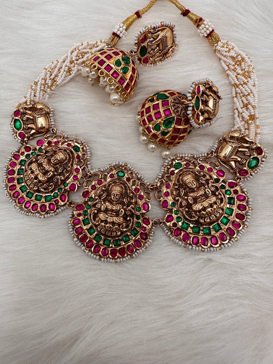 Goddess Lakshmi Nakshi Pink Green Jadau Kundan Neckline Necklace