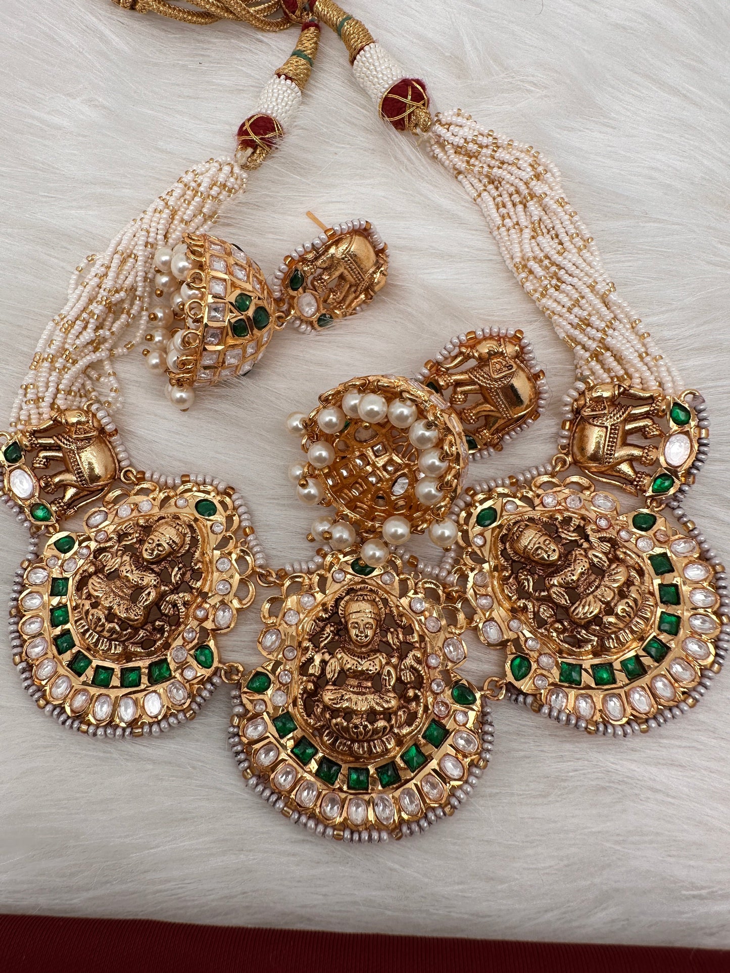 Goddess Lakshmi Nakshi Green Jadau Kundan Neckline Necklace