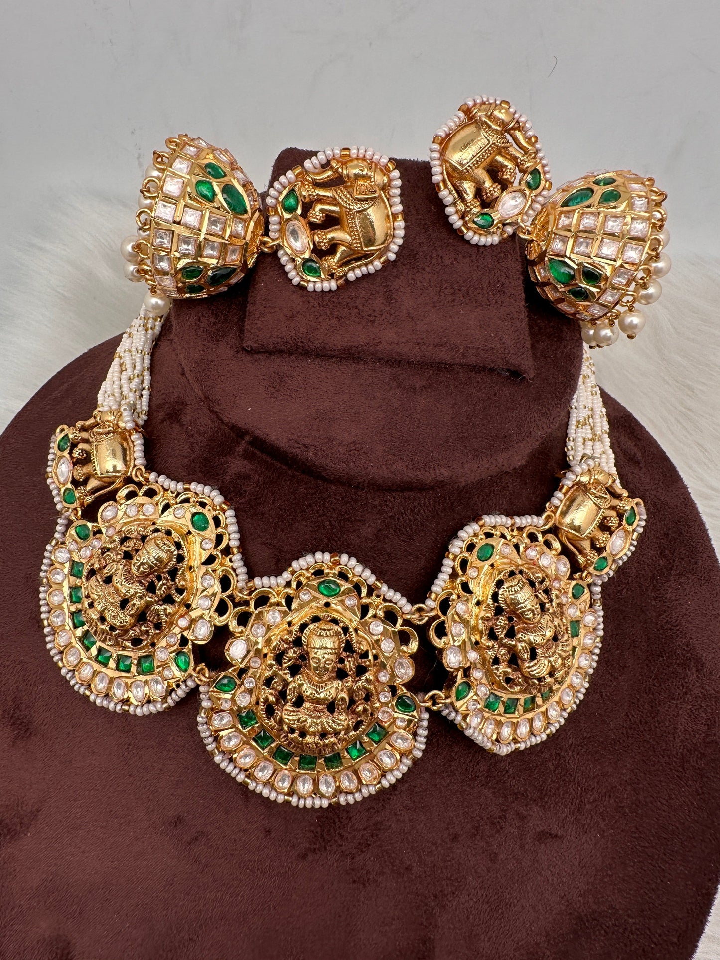Goddess Lakshmi Nakshi Green Jadau Kundan Neckline Necklace