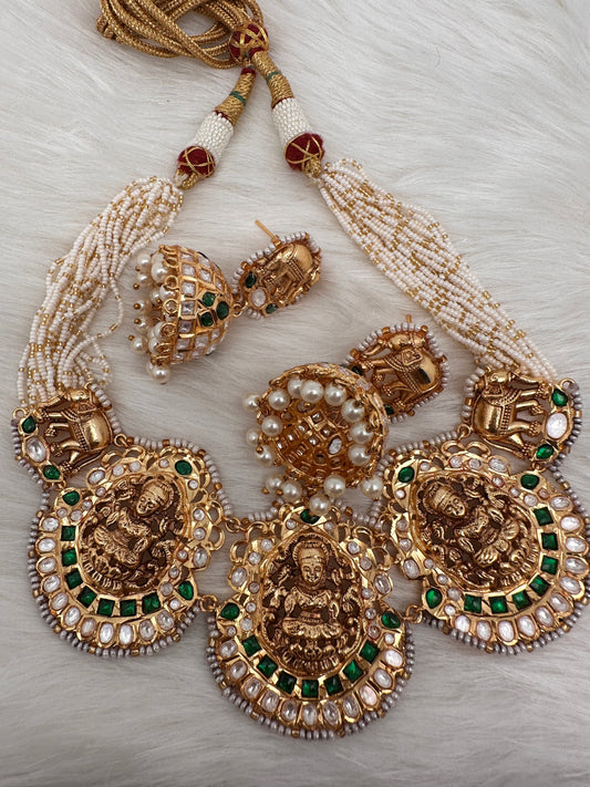 Goddess Lakshmi Nakshi Green Jadau Kundan Neckline Necklace