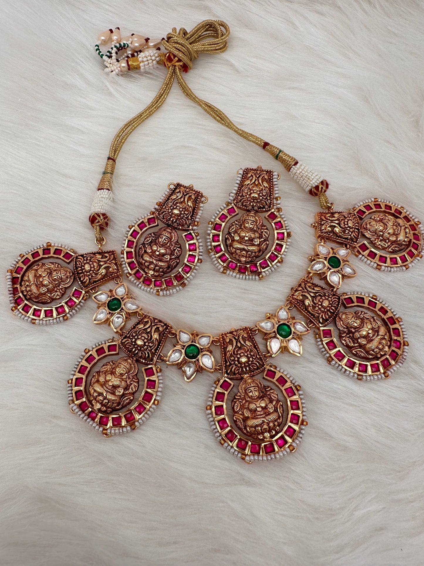 Goddess Lakshmi Nakshi Pink Green Jadau Kundan Neckline Necklace