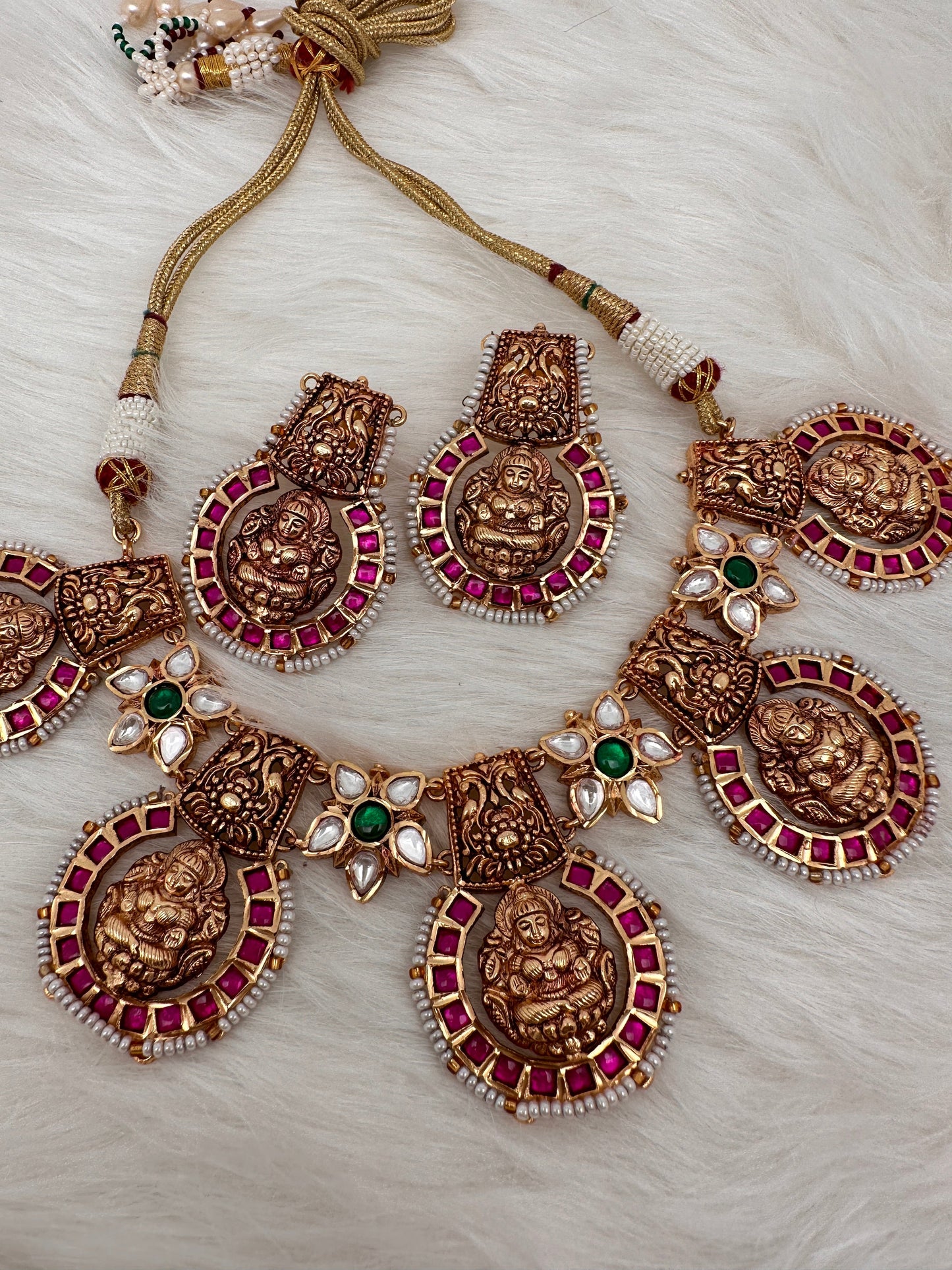 Goddess Lakshmi Nakshi Pink Green Jadau Kundan Neckline Necklace