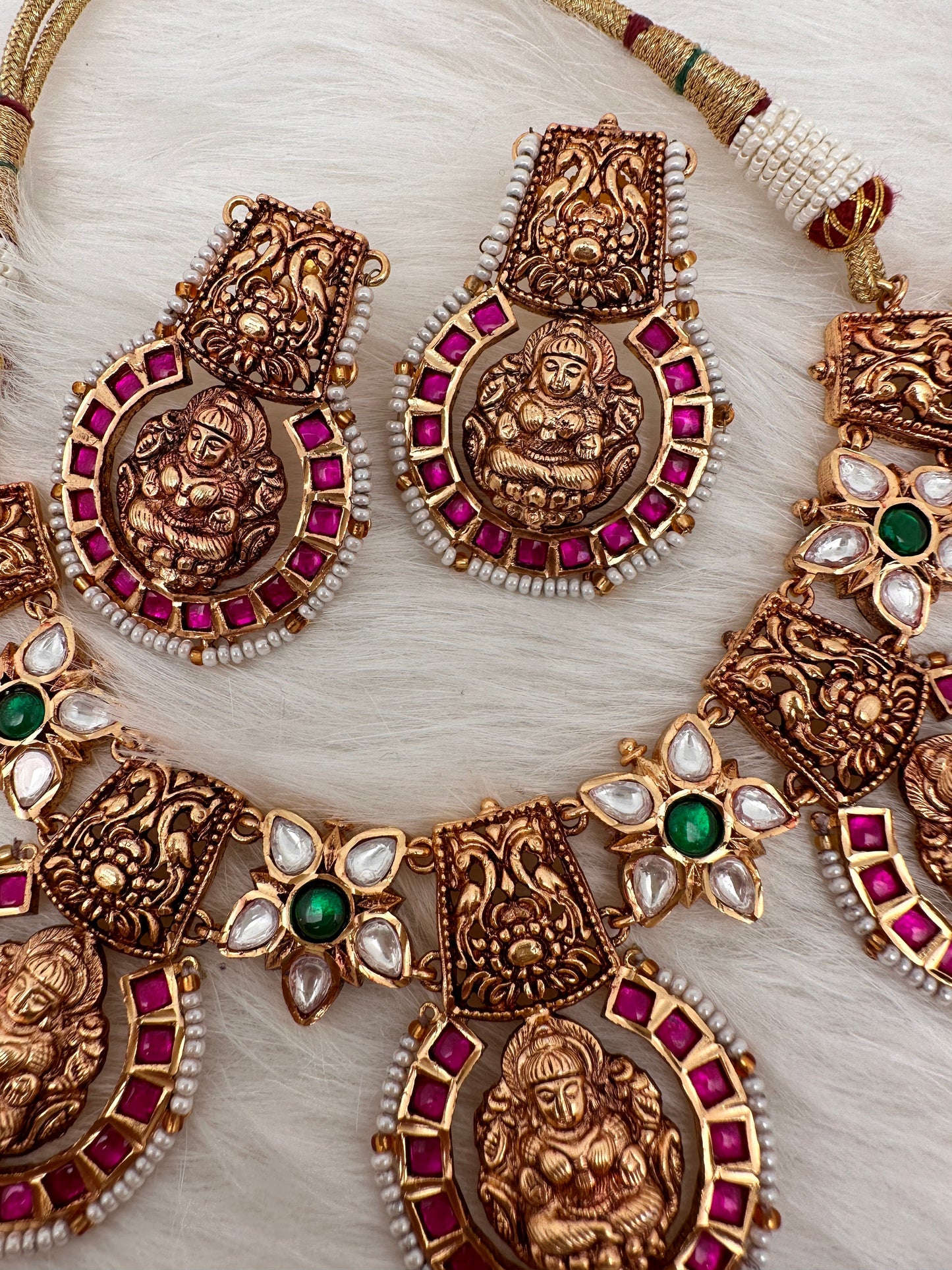 Goddess Lakshmi Nakshi Pink Green Jadau Kundan Neckline Necklace