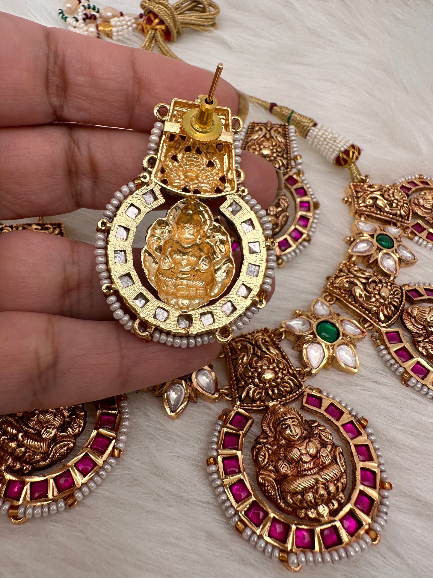 Goddess Lakshmi Nakshi Pink Green Jadau Kundan Neckline Necklace