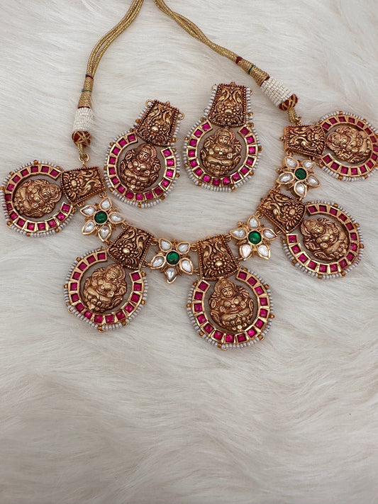 Goddess Lakshmi Nakshi Pink Green Jadau Kundan Neckline Necklace