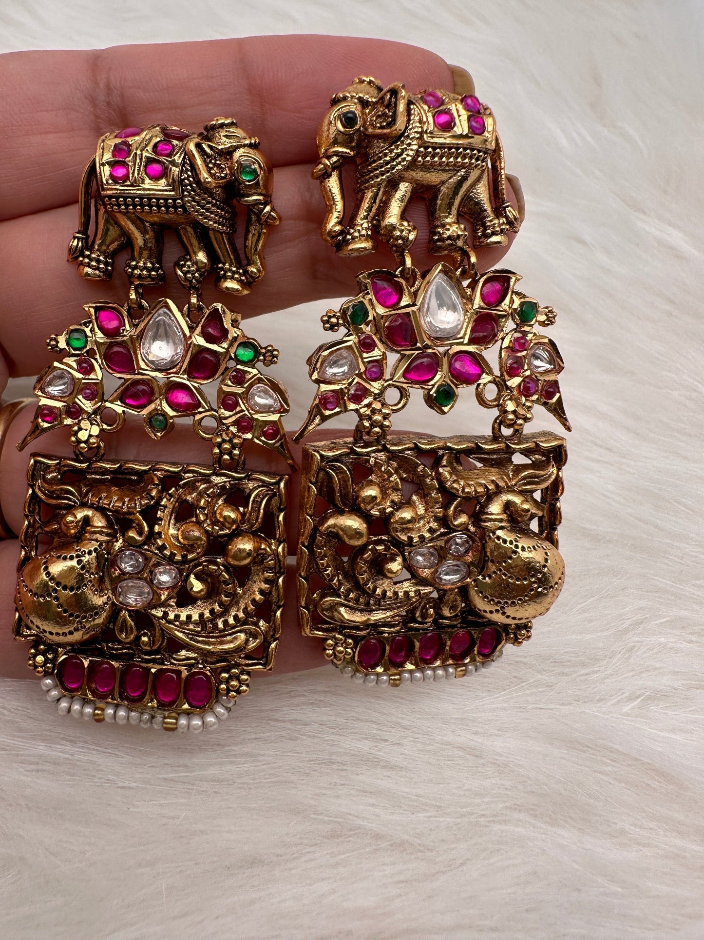 Elephant Nakshi Pink Green Jadau Kundan Neckline Necklace
