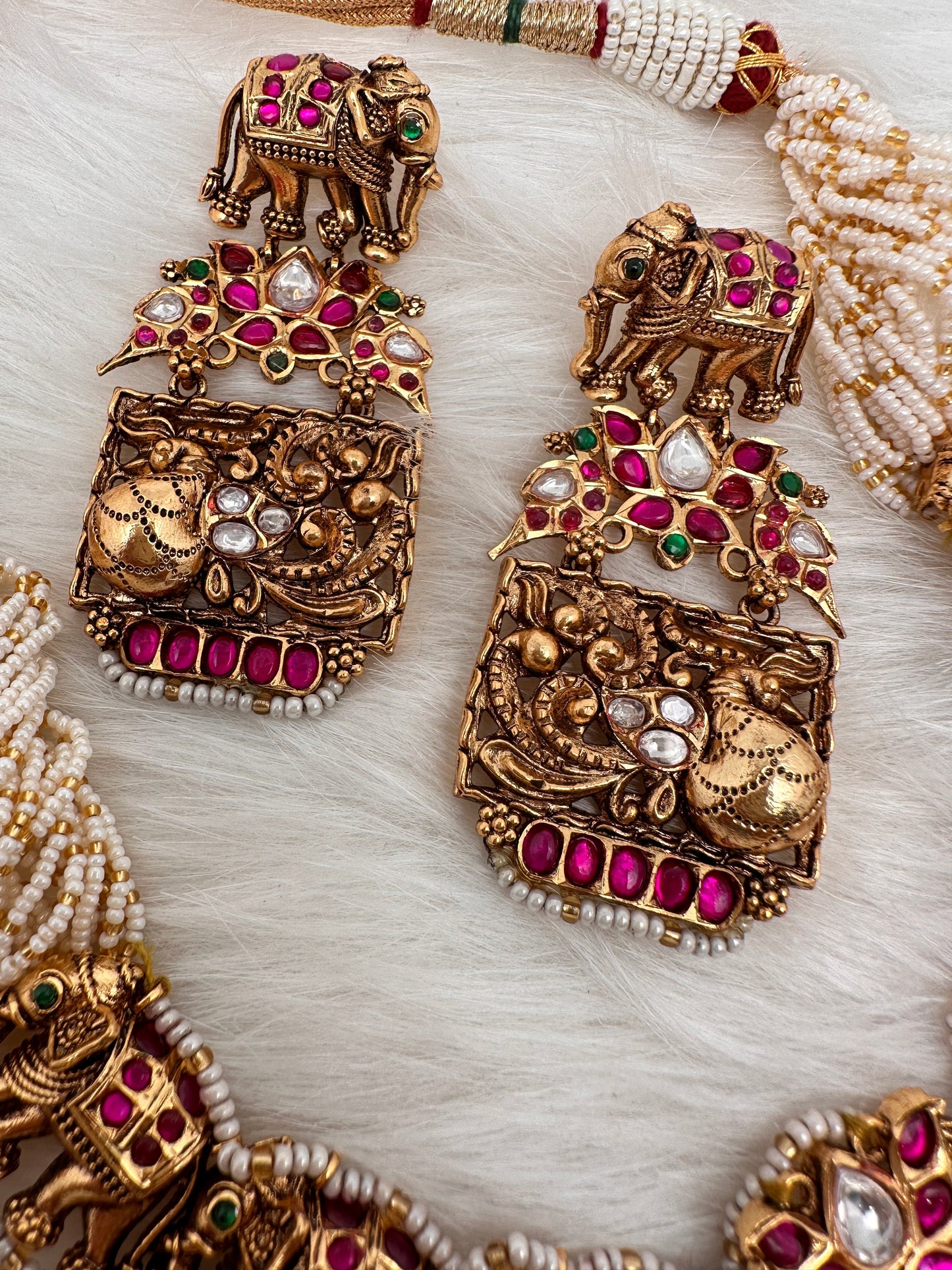 Elephant Nakshi Pink Green Jadau Kundan Neckline Necklace
